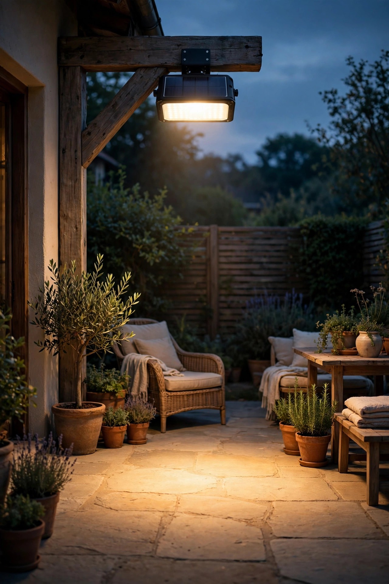 Solar flood light glowing softly at low idle over a patio at dusk, warm ambient wash with a brighter pool beneath the fixture