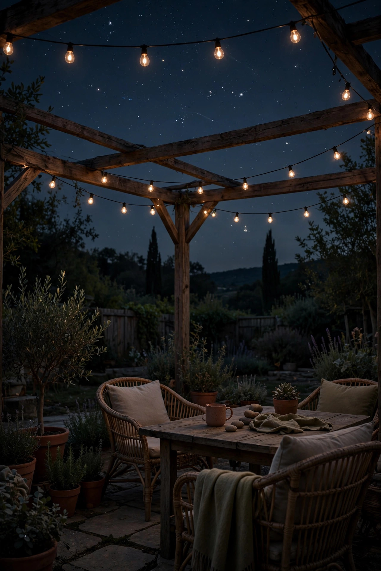 Warm string lights dimmed to a soft whisper of light over a patio seating area on a clear stargazing night