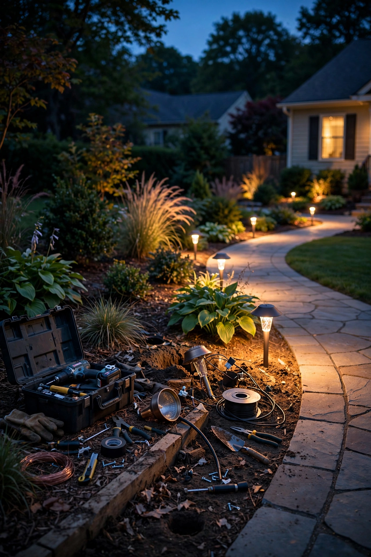 Side-by-side comparison showing a homeowner installing landscape lights and a professional lighting installation at dusk