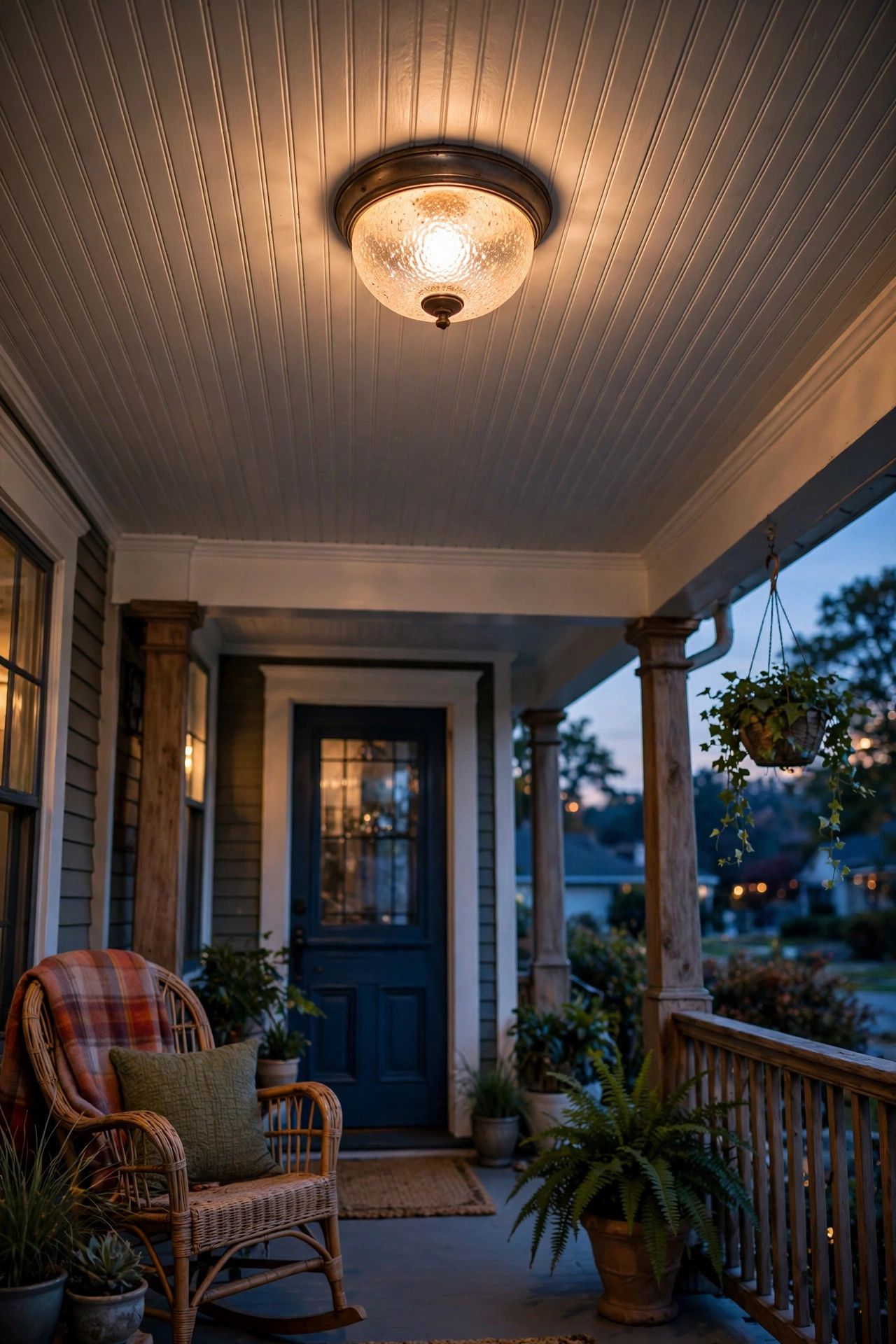 Dome semi-flush porch ceiling light with seeded glass on high porch ceiling