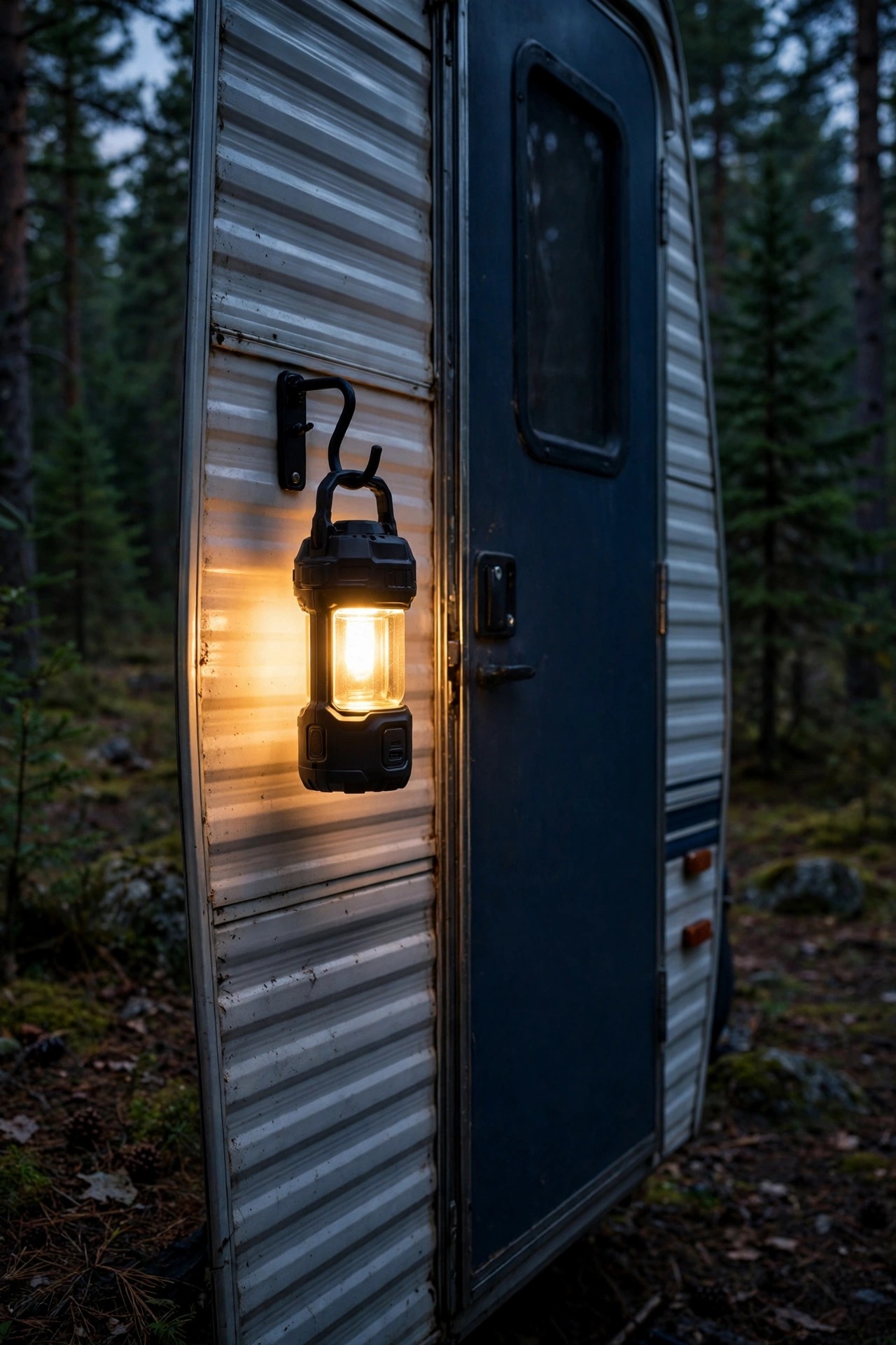 Rechargeable lantern glowing on a hook beside the door of a camper at a wooded campsite