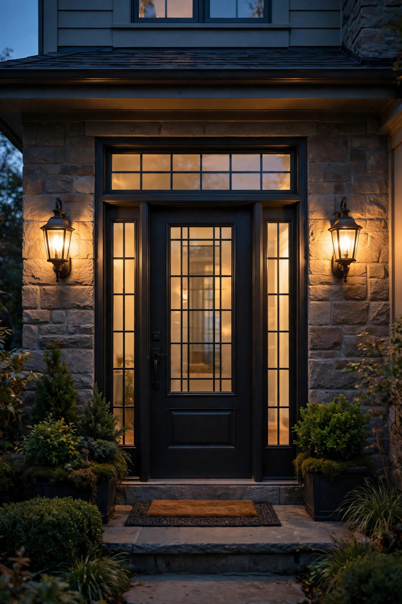 Pair of seeded-glass lantern sconces glowing warm beside a cottage front door with climbing roses at dusk