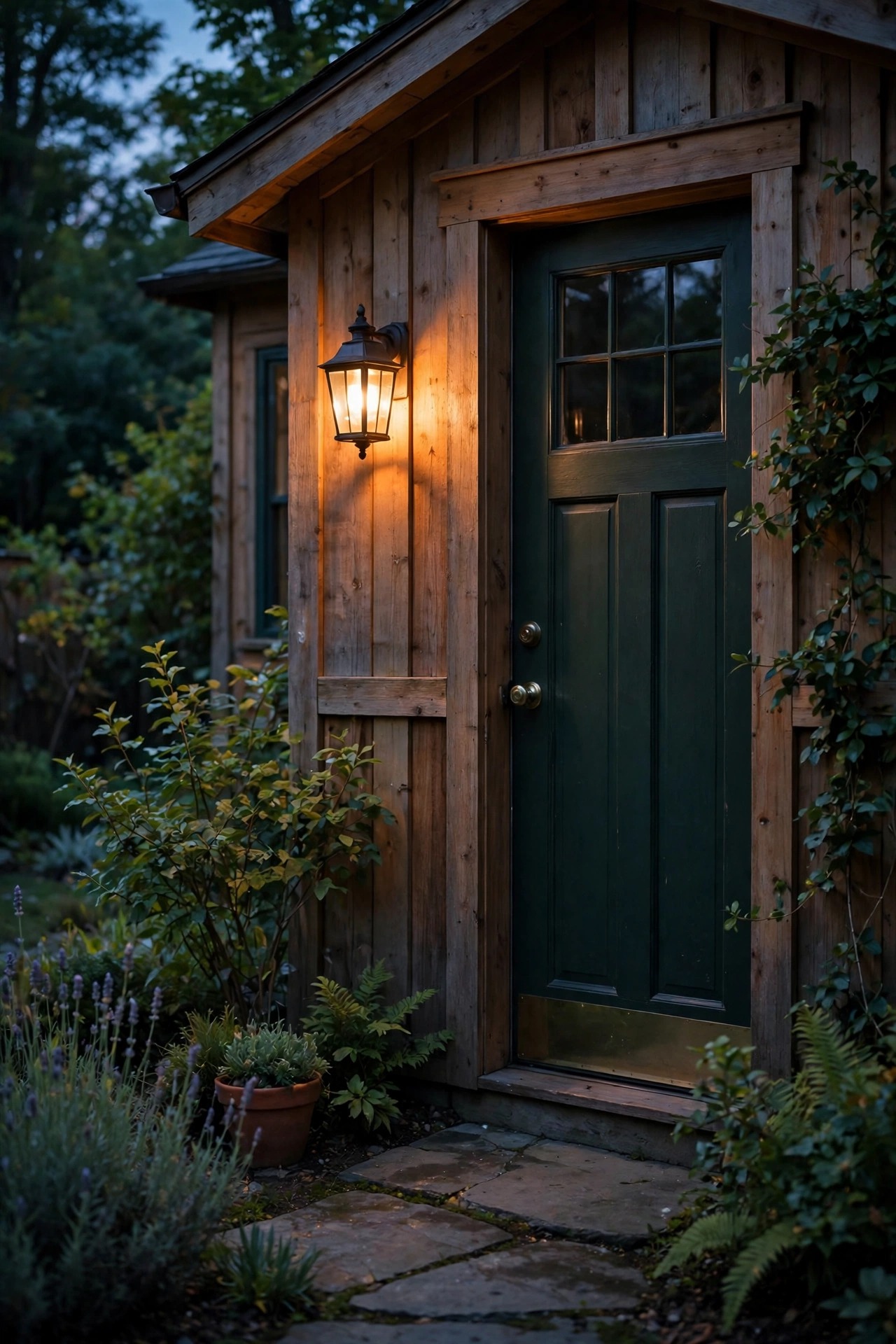Warm wall sconce glowing beside the door of a small backyard guest house at dusk