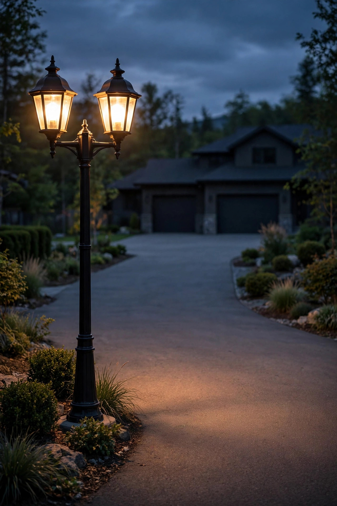 Double-head lamp post lighting a wide two-car driveway at dusk, two warm lanterns on one pole