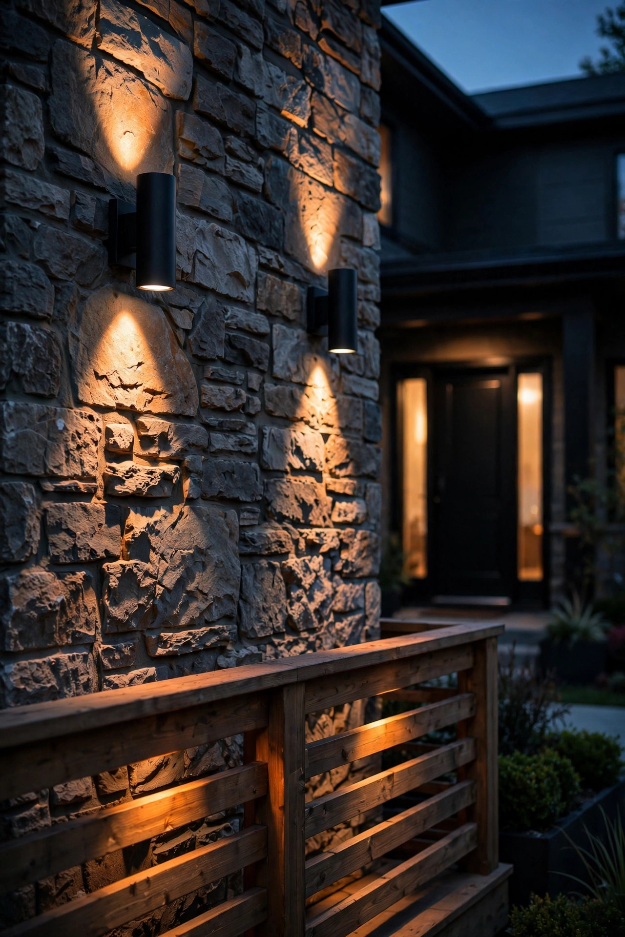 Downlight wall sconces washing warm light down a front porch wall