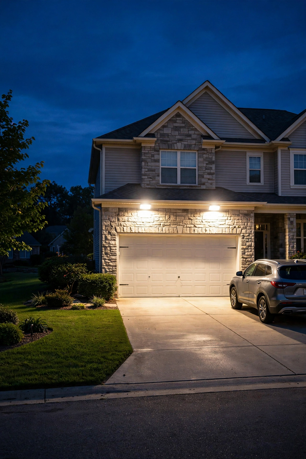 Driveway and garage at night secured with motion-activated floodlights above the garage door
