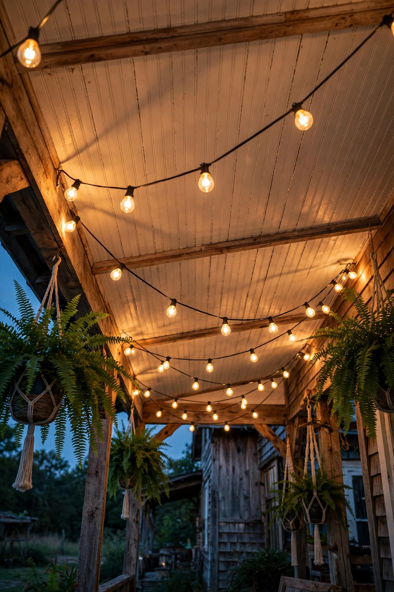 Edison bulb string lights swagged across a farmhouse porch ceiling glowing warm gold