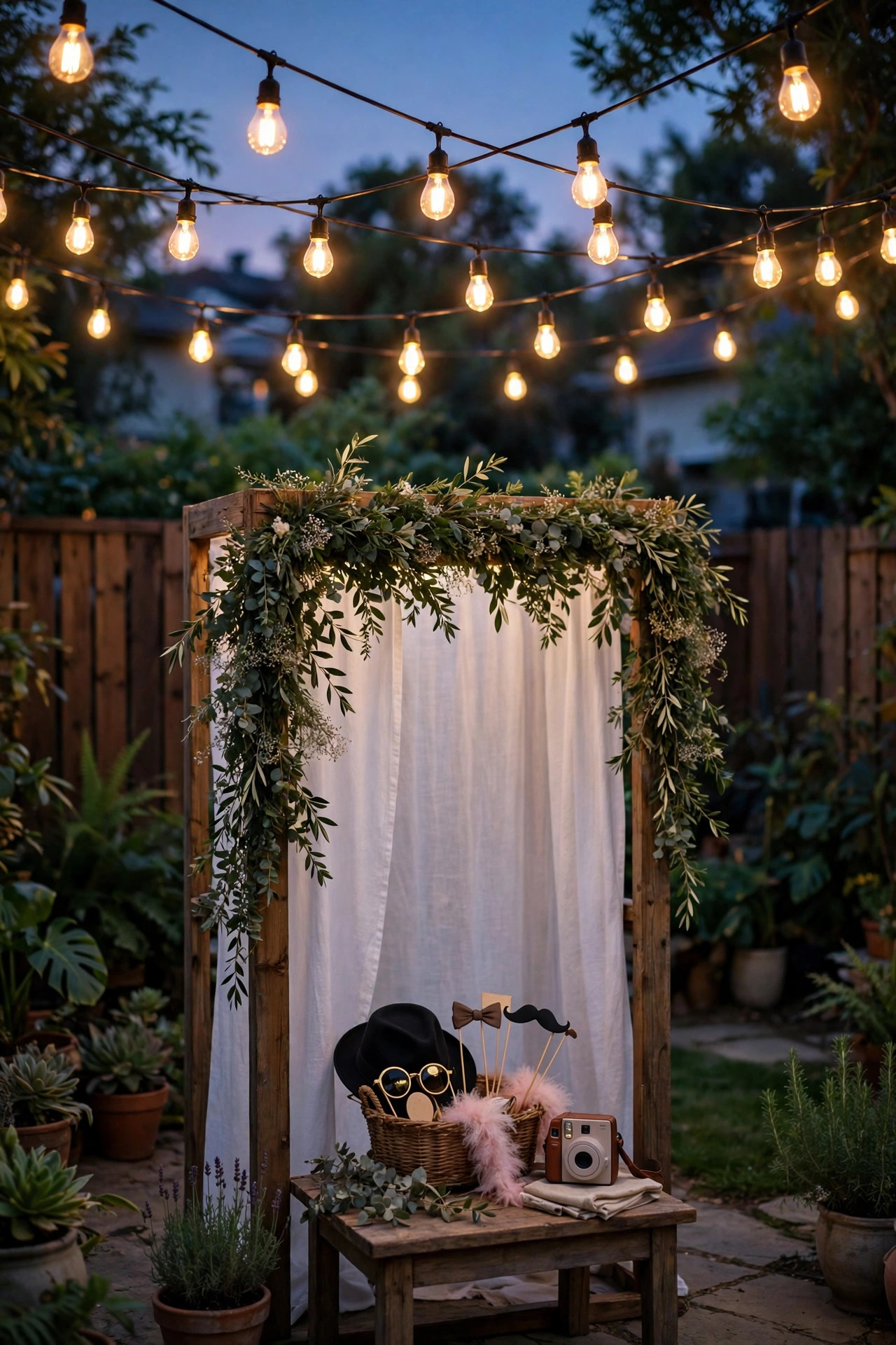 Edison bulb string lights swagged overhead above a backyard photo booth area at twilight
