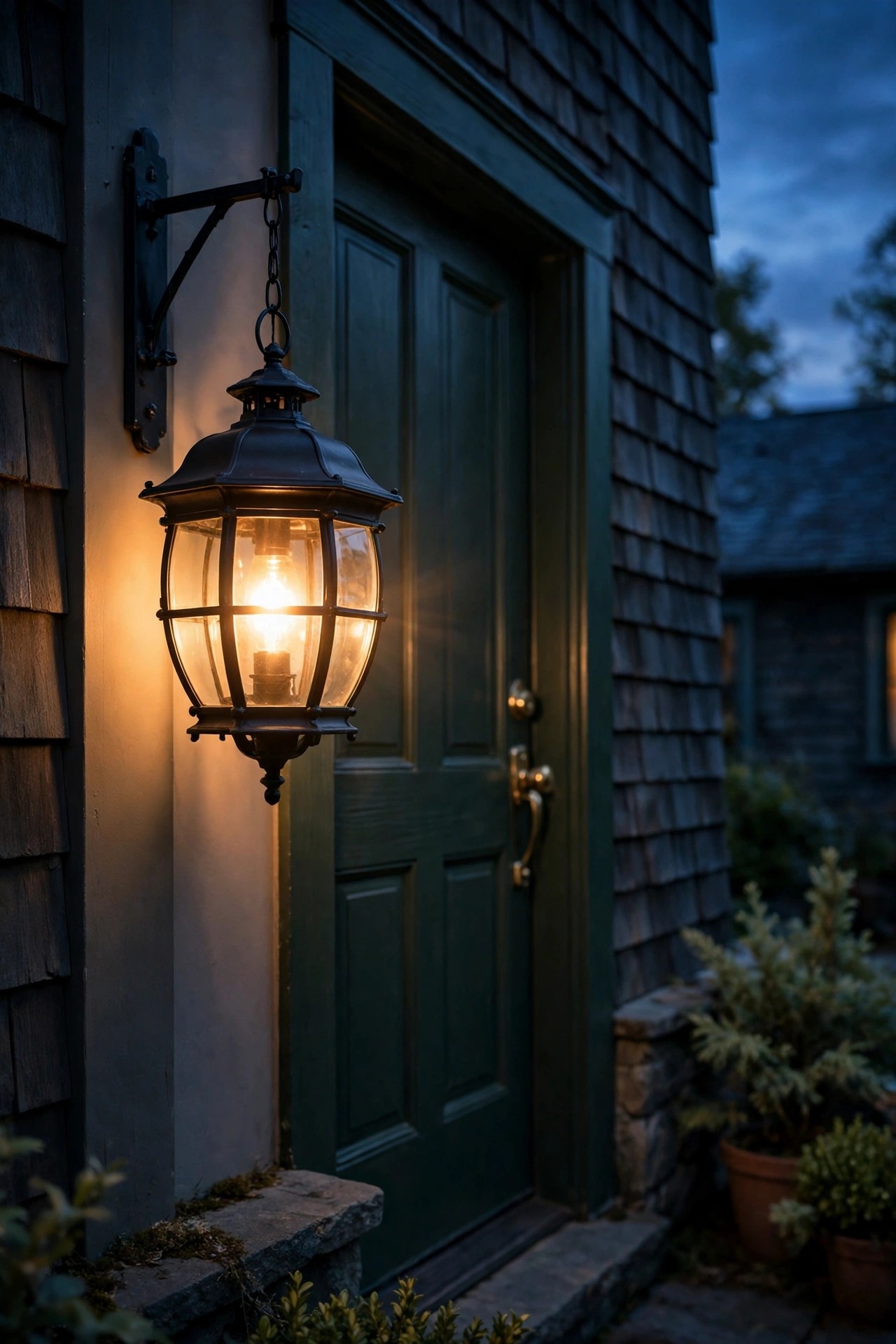 Enclosed carriage-style porch lantern fitted with a heat-rated outdoor smart bulb glowing warmly at dusk