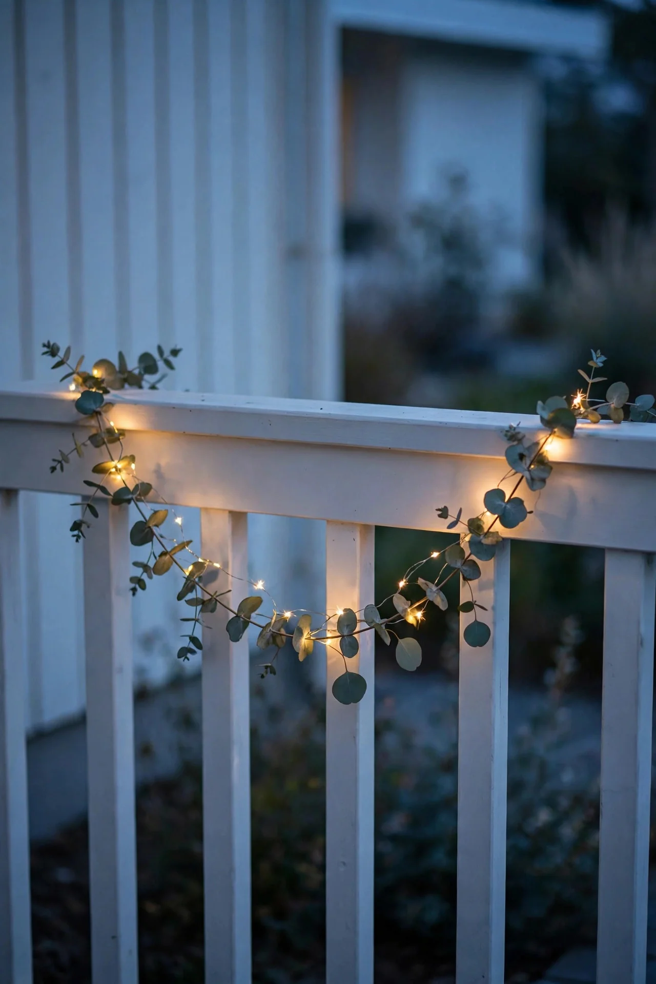 Sparse eucalyptus garland with tiny warm fairy lights draped along a white porch railing