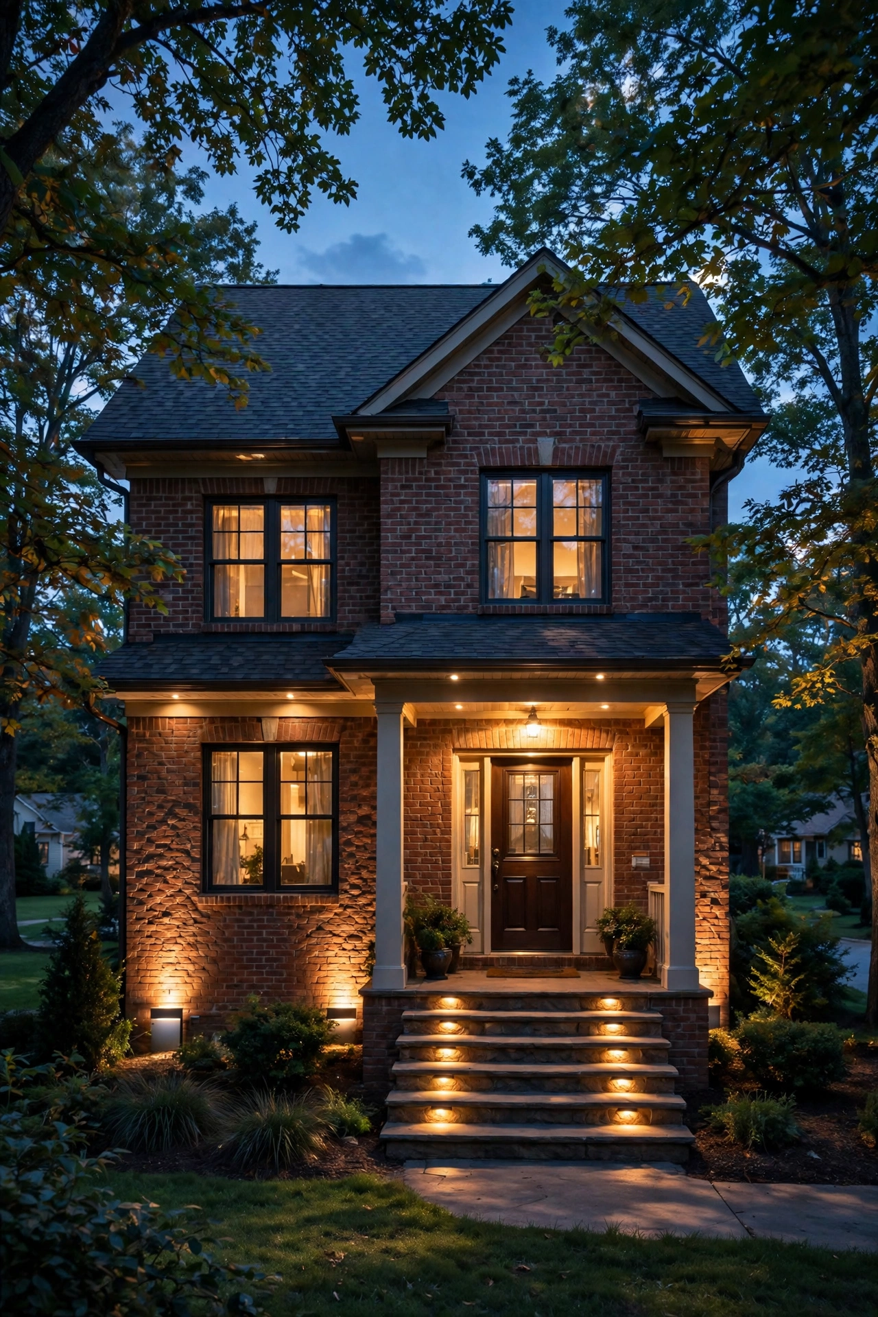 Diagram-style photo showing layered placement of curb appeal lighting on a house facade