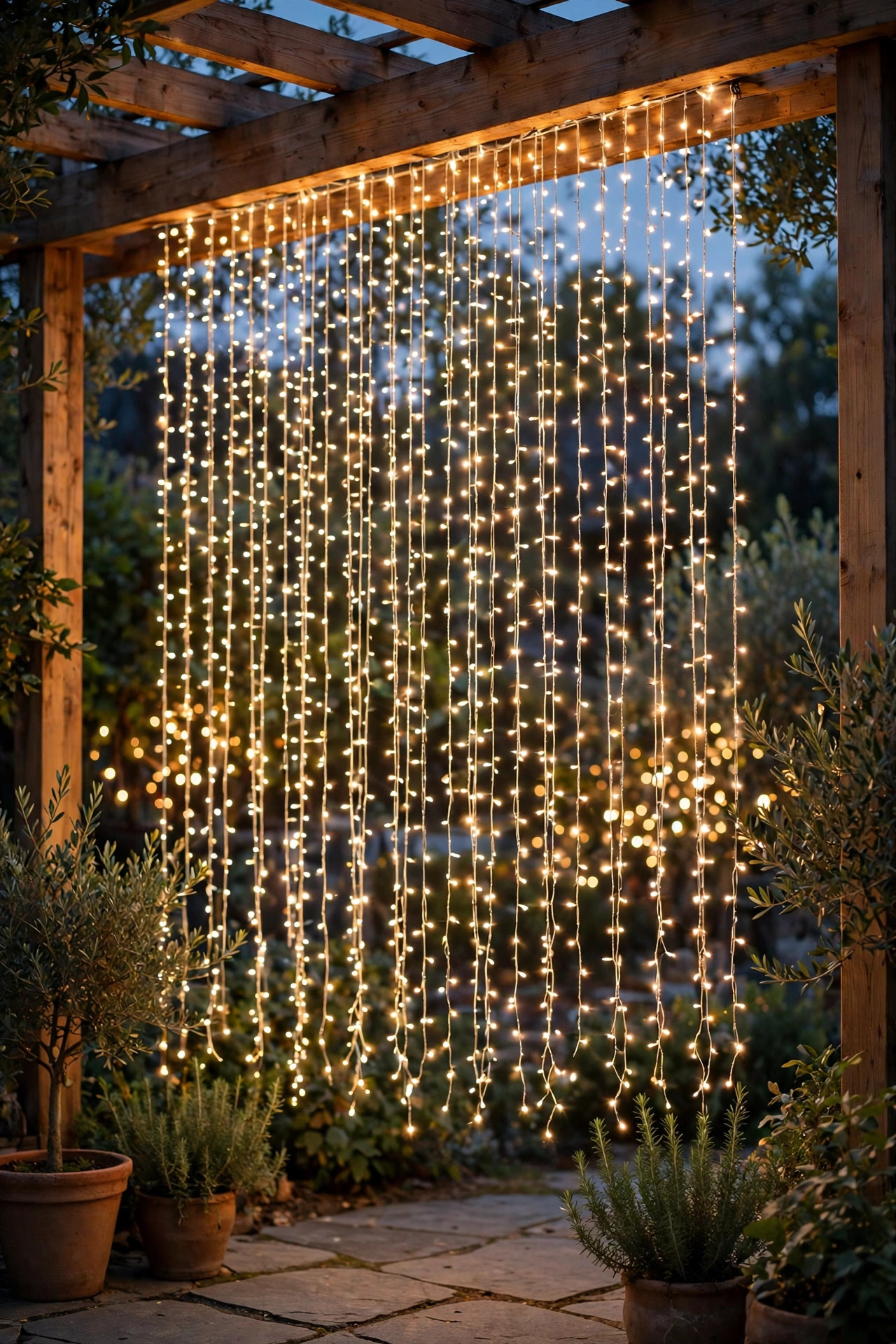 Curtain of warm white fairy lights hanging from a pergola beam as a sparkling photo backdrop in a backyard