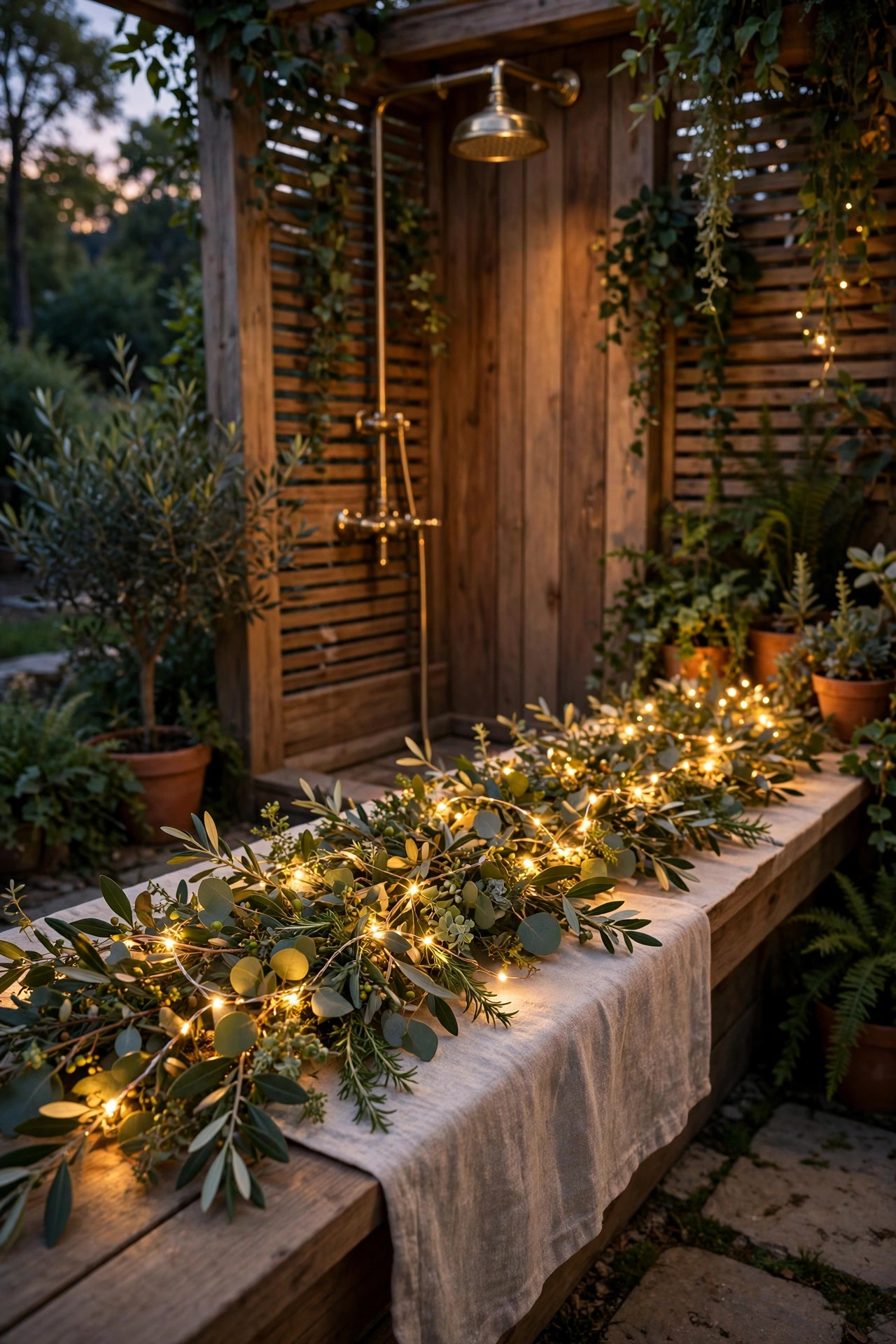 Greenery garland centerpiece woven with copper wire fairy lights on a patio table at dusk