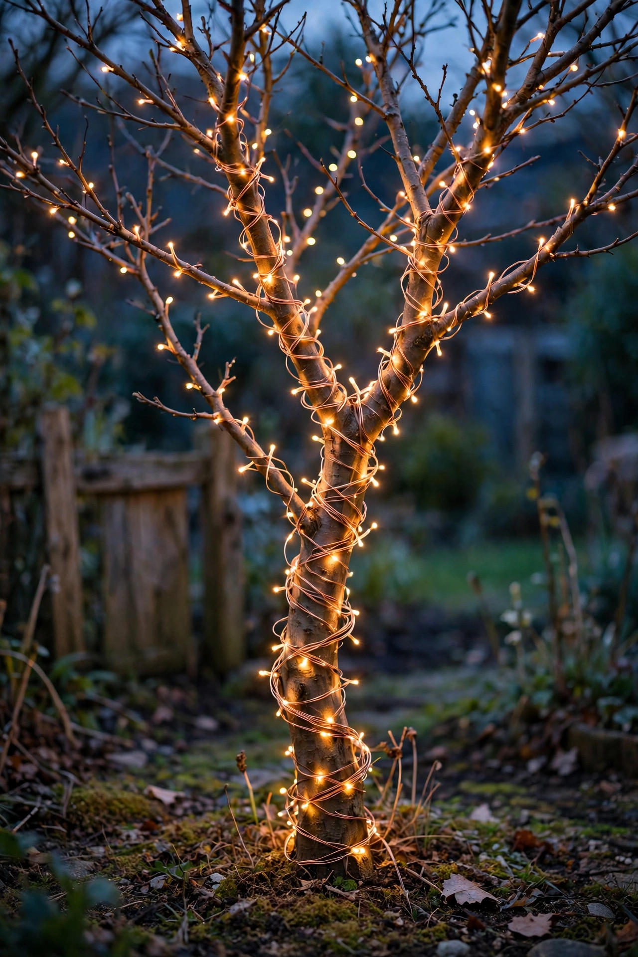 Copper-wire fairy lights spiraled around the bare trunk and branches of a small garden tree at twilight
