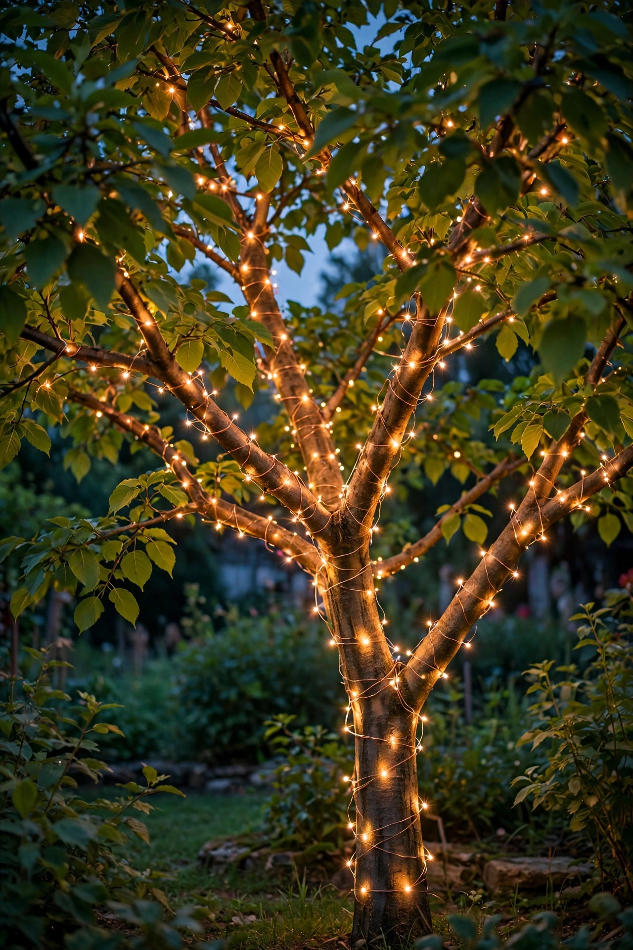 Garden tree wrapped in warm copper-wire fairy lights sparkling through summer leaves at dusk