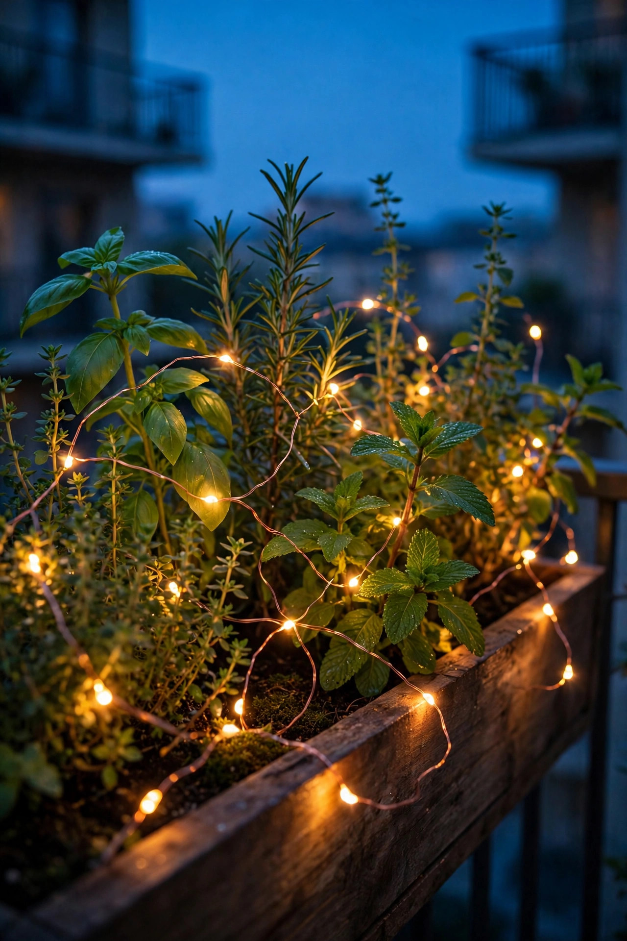 Copper wire fairy lights woven through balcony planters and herbs at dusk, tiny warm LEDs glowing among green leaves