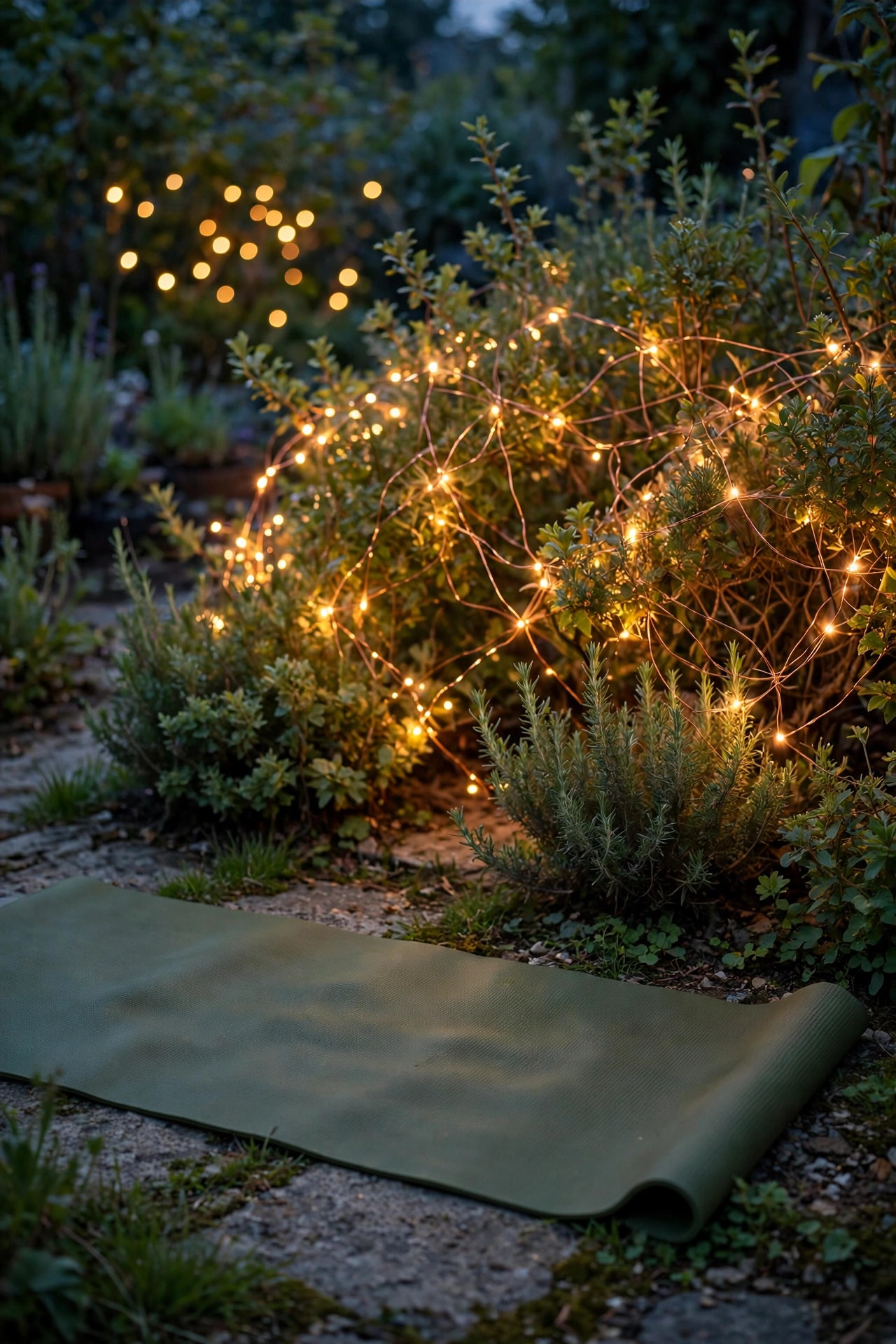 Copper wire fairy lights woven through garden shrubs behind an outdoor yoga mat at twilight