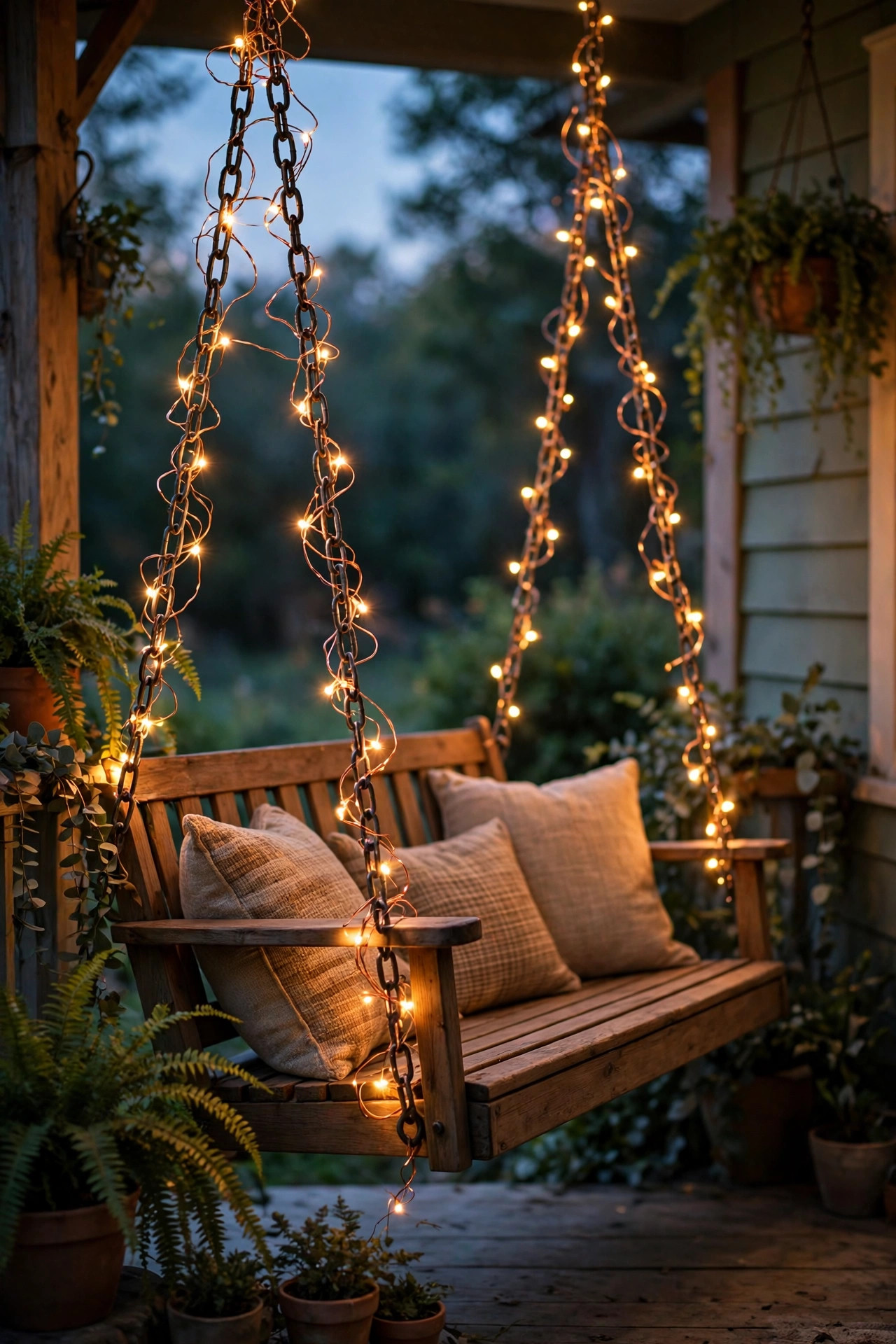 Copper wire fairy lights woven through porch swing chains glowing at twilight