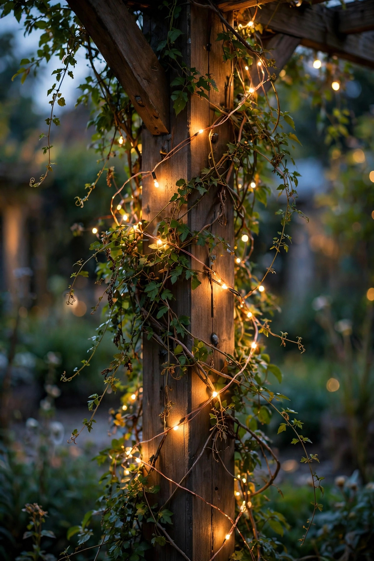 Copper-wire fairy lights woven through climbing vines on a pergola post sparkling softly in the evening garden