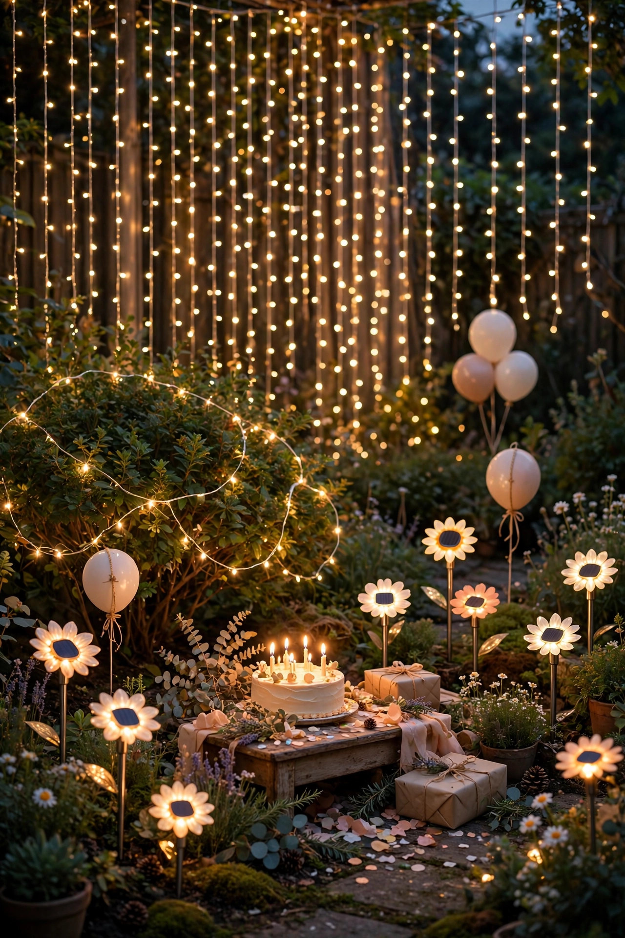 Whimsical garden birthday scene with fairy lights woven through shrubs, solar flower stakes and a curtain light backdrop