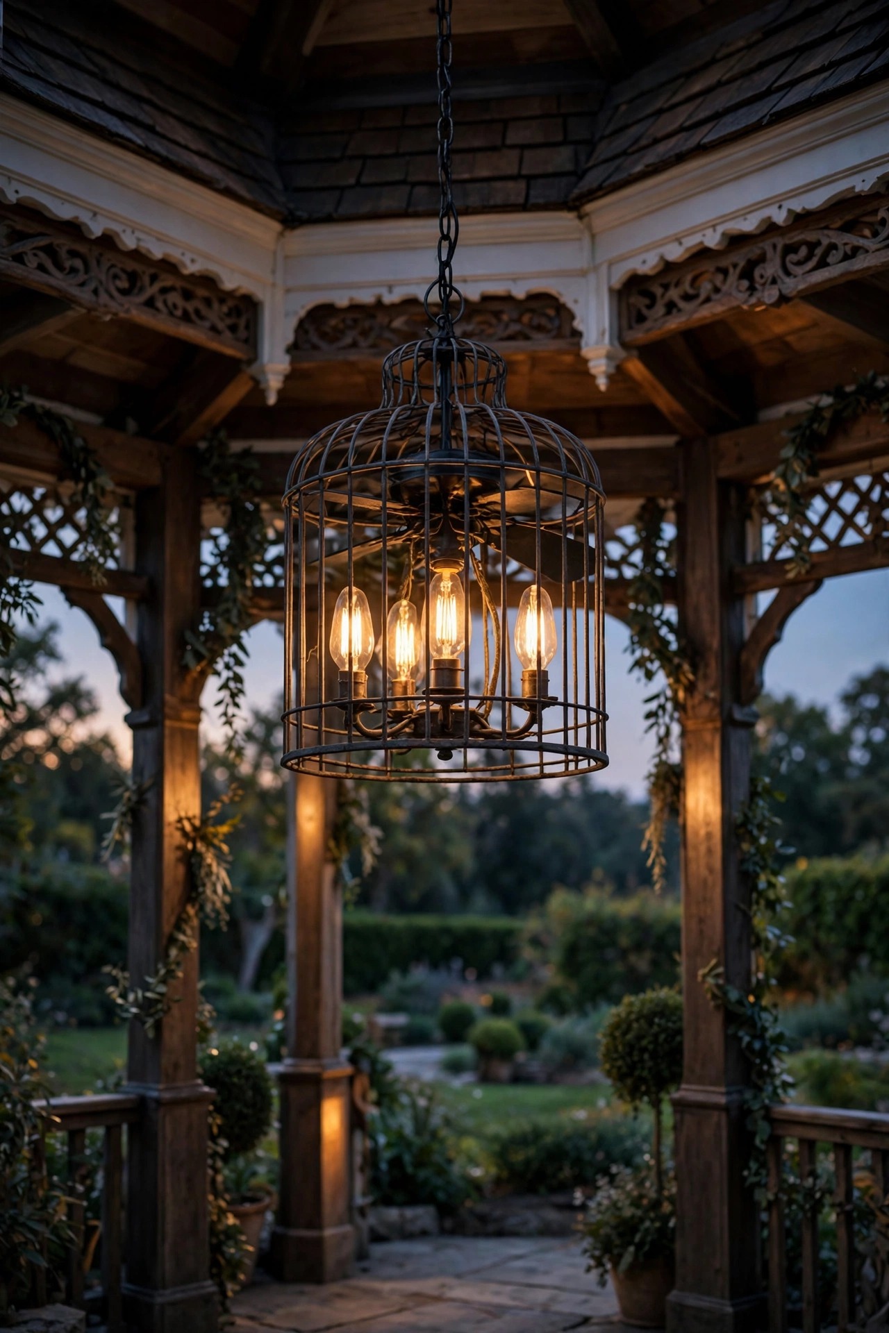 Caged fandelier with warm filament bulbs and hidden fan blades hanging in an elegant gazebo at dusk