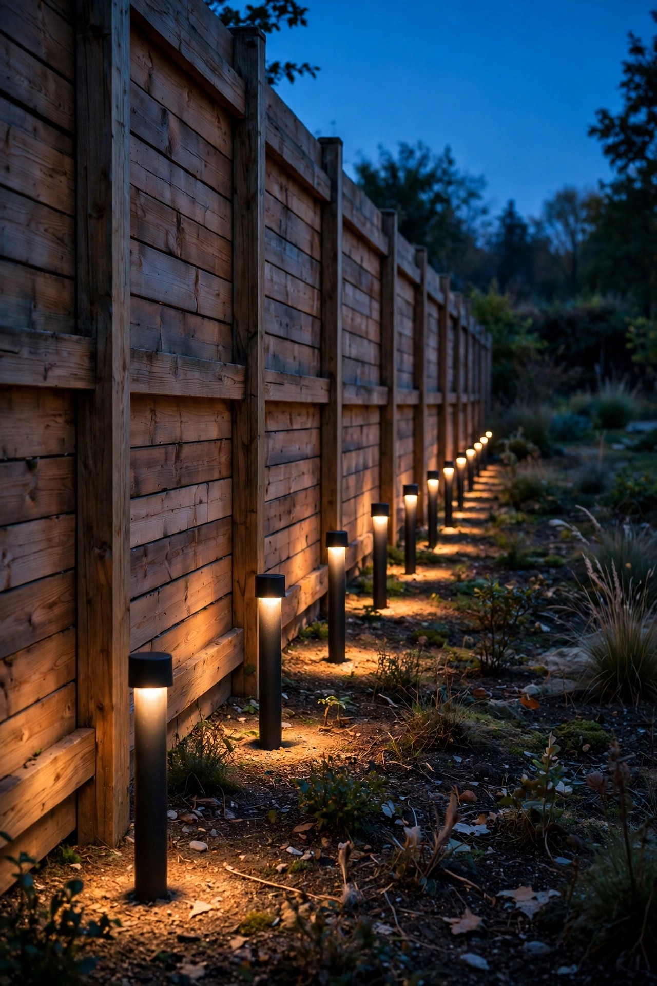 Row of low warm bollard lights tracing the inside of a wooden backyard fence at dusk, evenly spaced pools of light