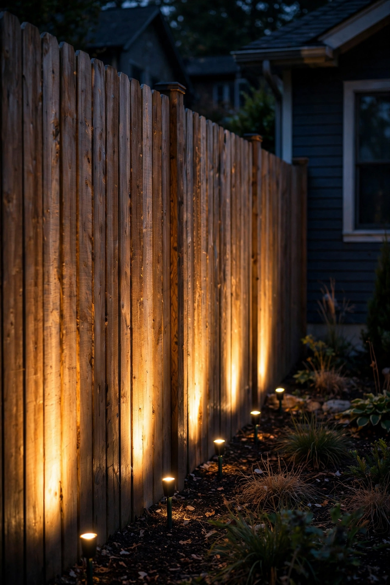 Warm low-voltage wash lights grazing upward across a wooden fence in a dark side yard