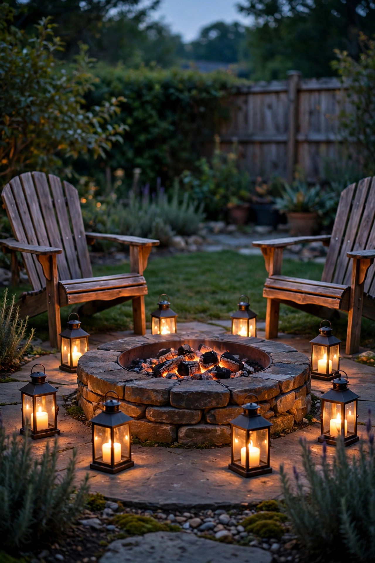 Low metal lanterns with flickering flameless candles ringed around a backyard fire pit and Adirondack chairs
