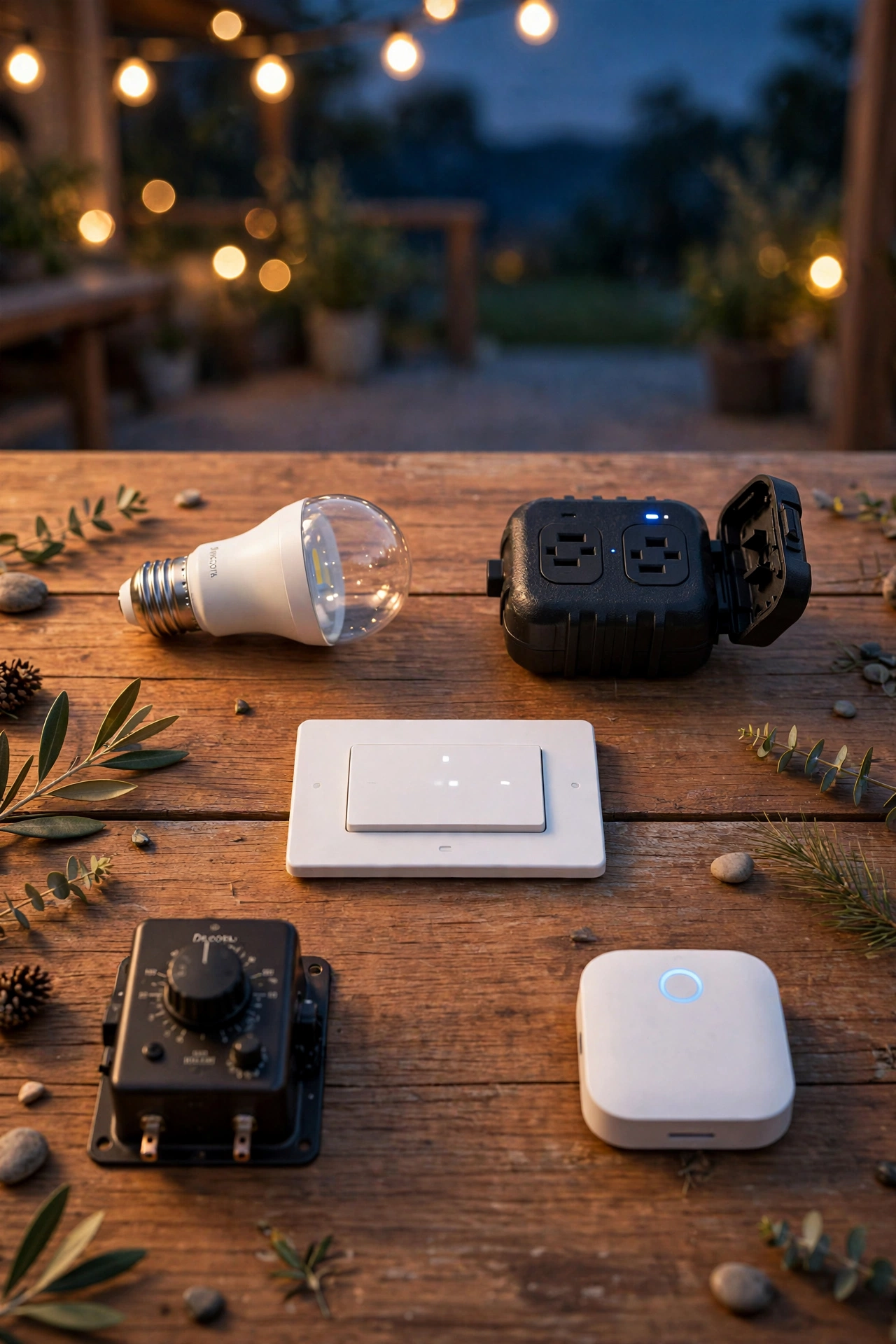 Smart outdoor lighting options compared — smart bulb, smart plug, smart switch, smart transformer, and hub on a table