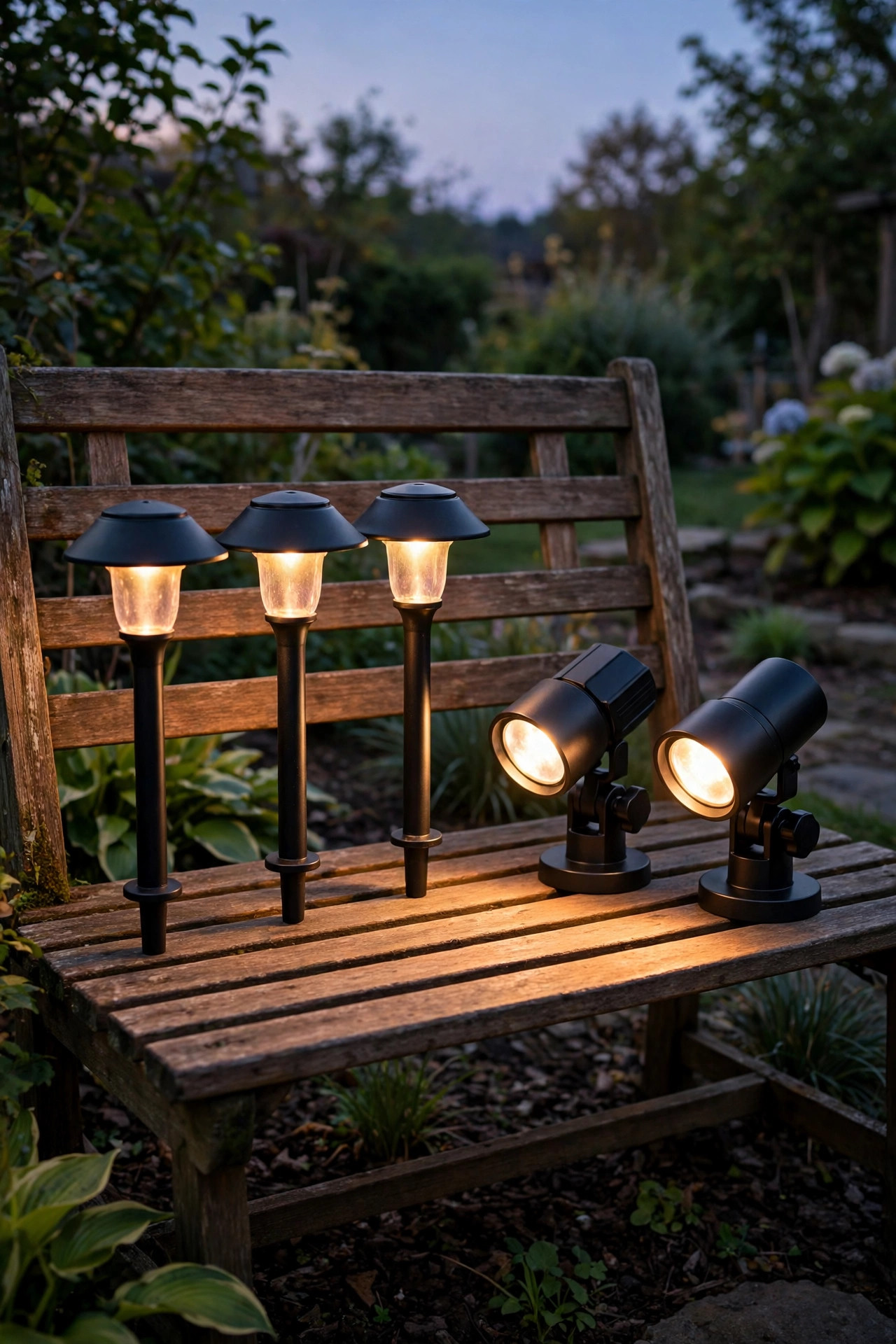 Three matching black path lights and two adjustable spotlights from a landscape lighting starter set arranged on a garden bench at dusk