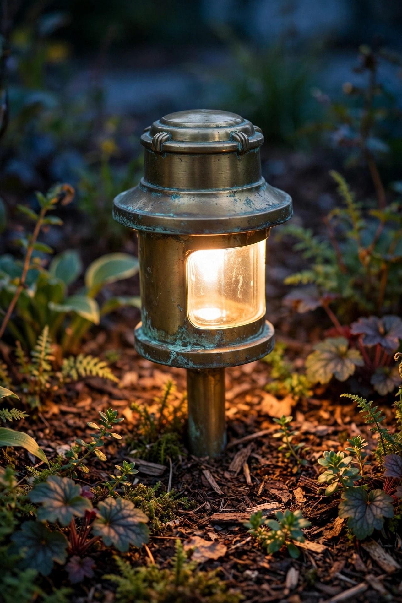 Photorealistic close-up at dusk of a solid cast brass path light with a natural patina standing in a mulched flower bed, rich warm light pooling on the plants around it