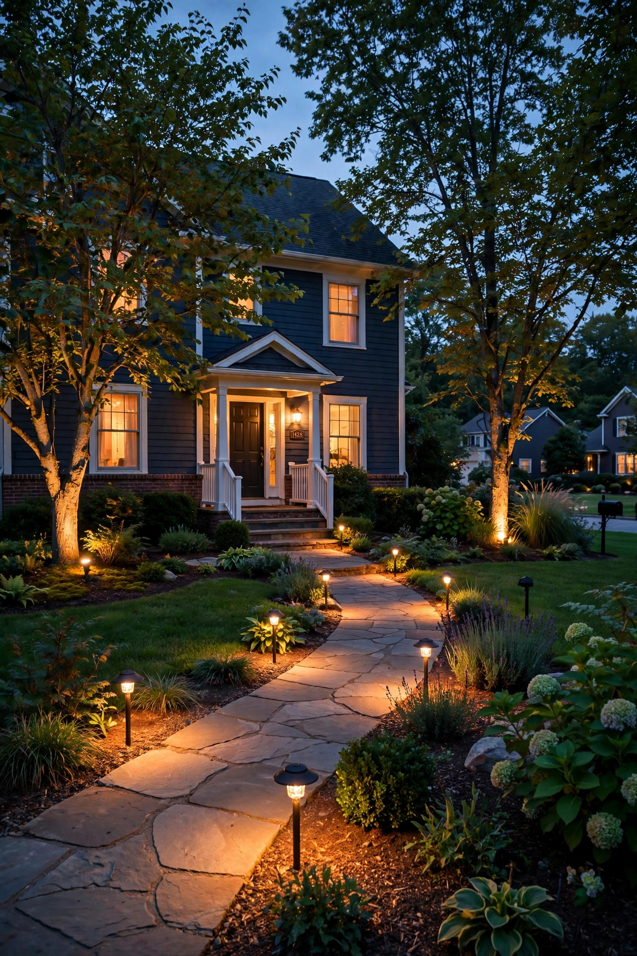 Overhead view of a front yard showing landscape lighting fixture placement with spacing measurements marked