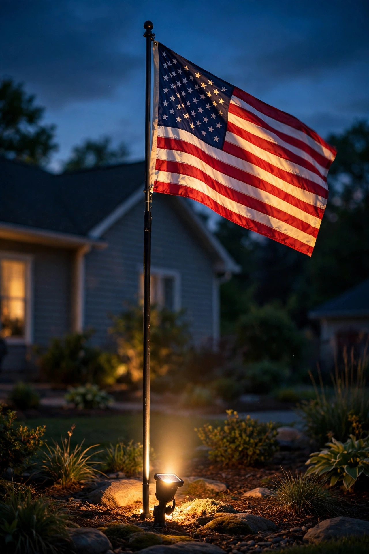 American flag on a residential flagpole illuminated at night by a solar spotlight from the base