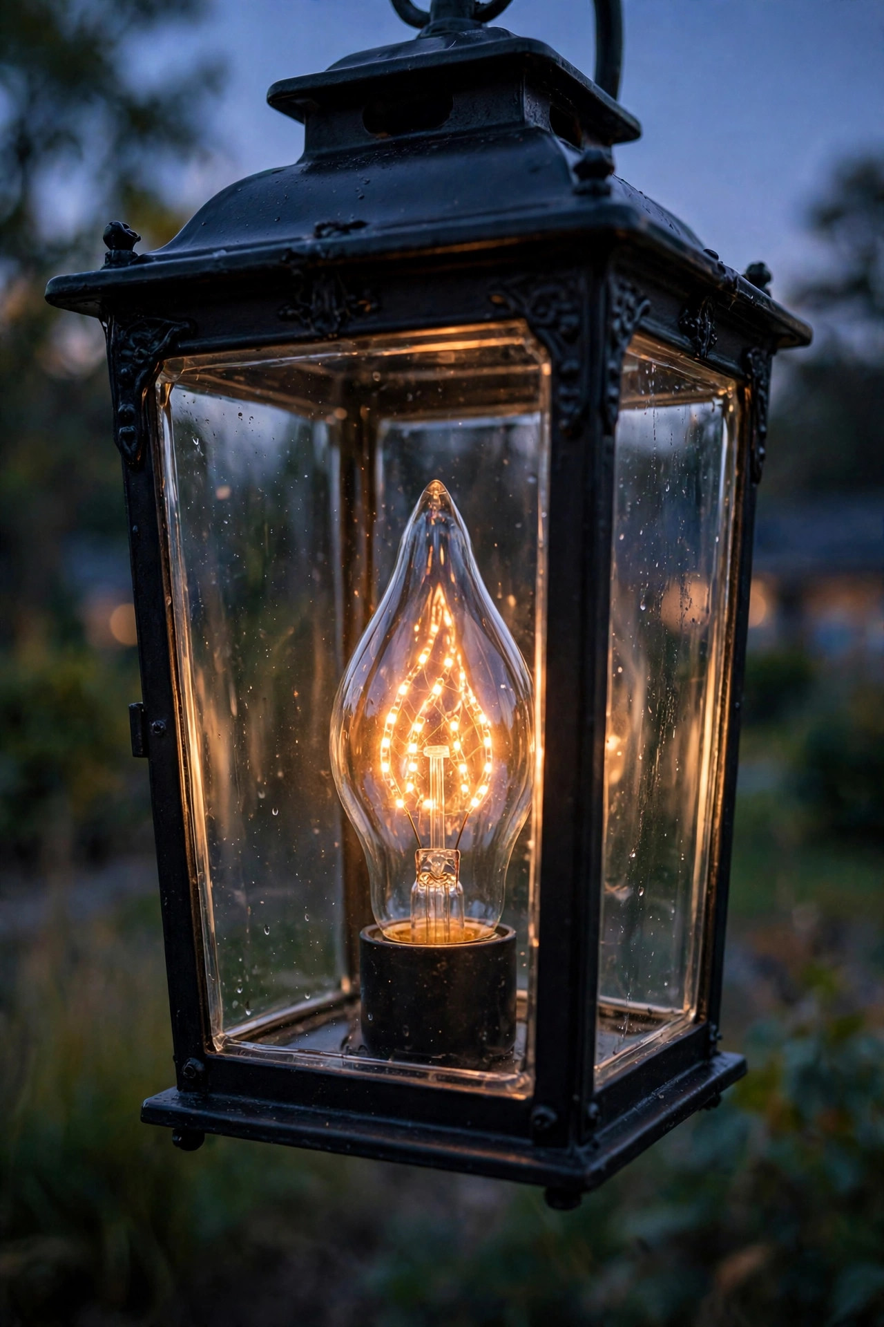 Close view of a flame-effect LED bulb flickering inside a clear glass carriage lantern at dusk