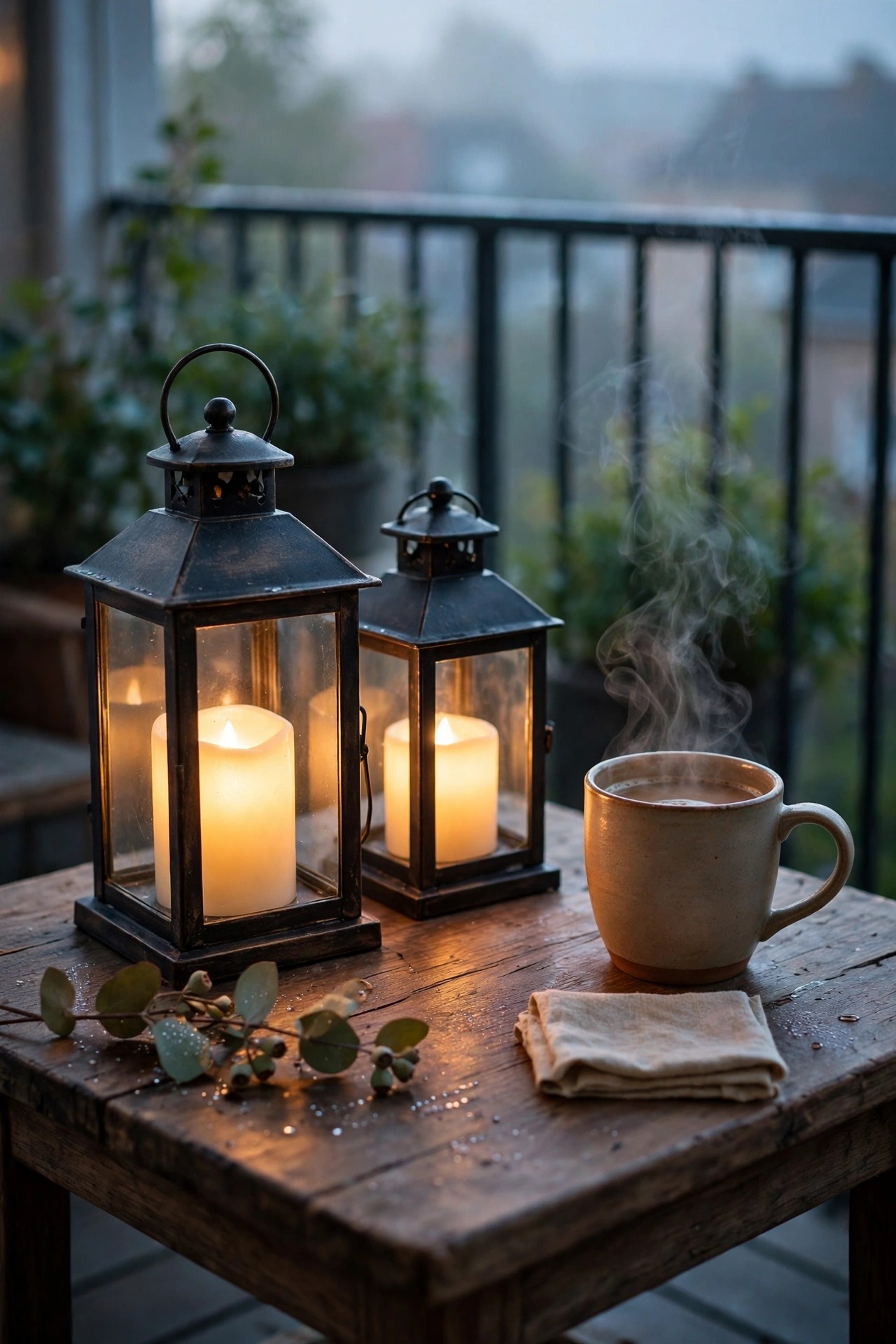 Two flameless candle lanterns glowing on a small balcony coffee table beside a steaming mug at dawn