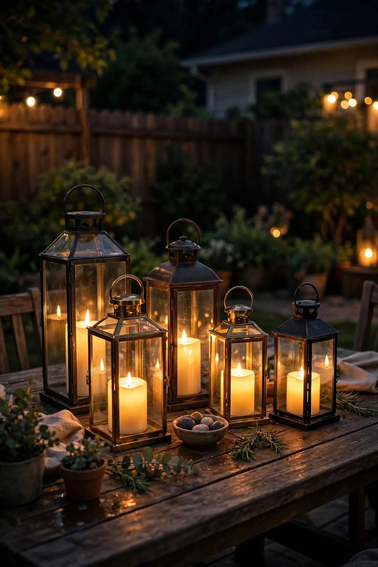 Flameless candle lanterns glowing on a summer patio dining table at night