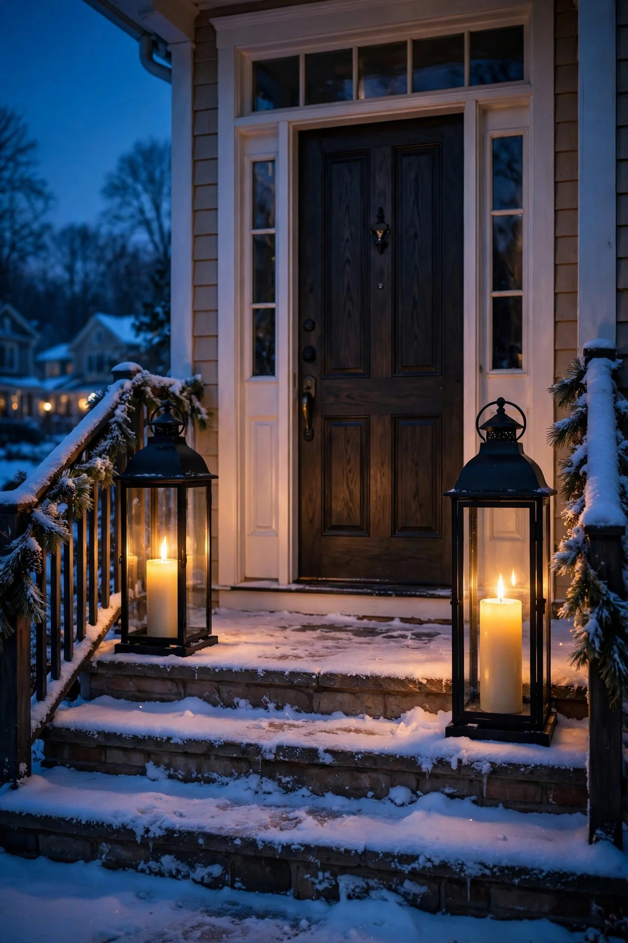 Two tall black lanterns with flickering LED candles flanking a front door on snowy steps at dusk