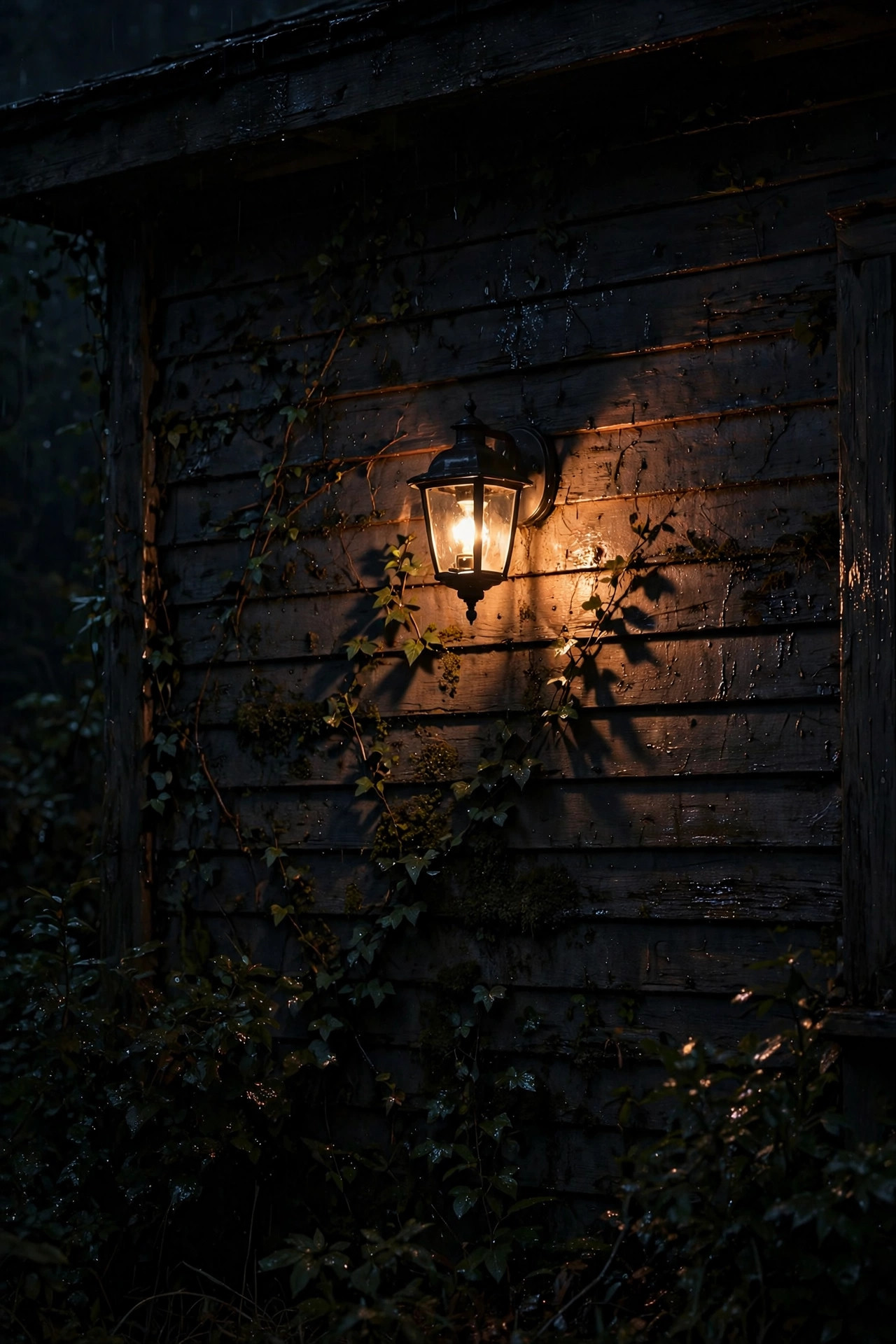 Outdoor wall light flickering against a dark house exterior at night