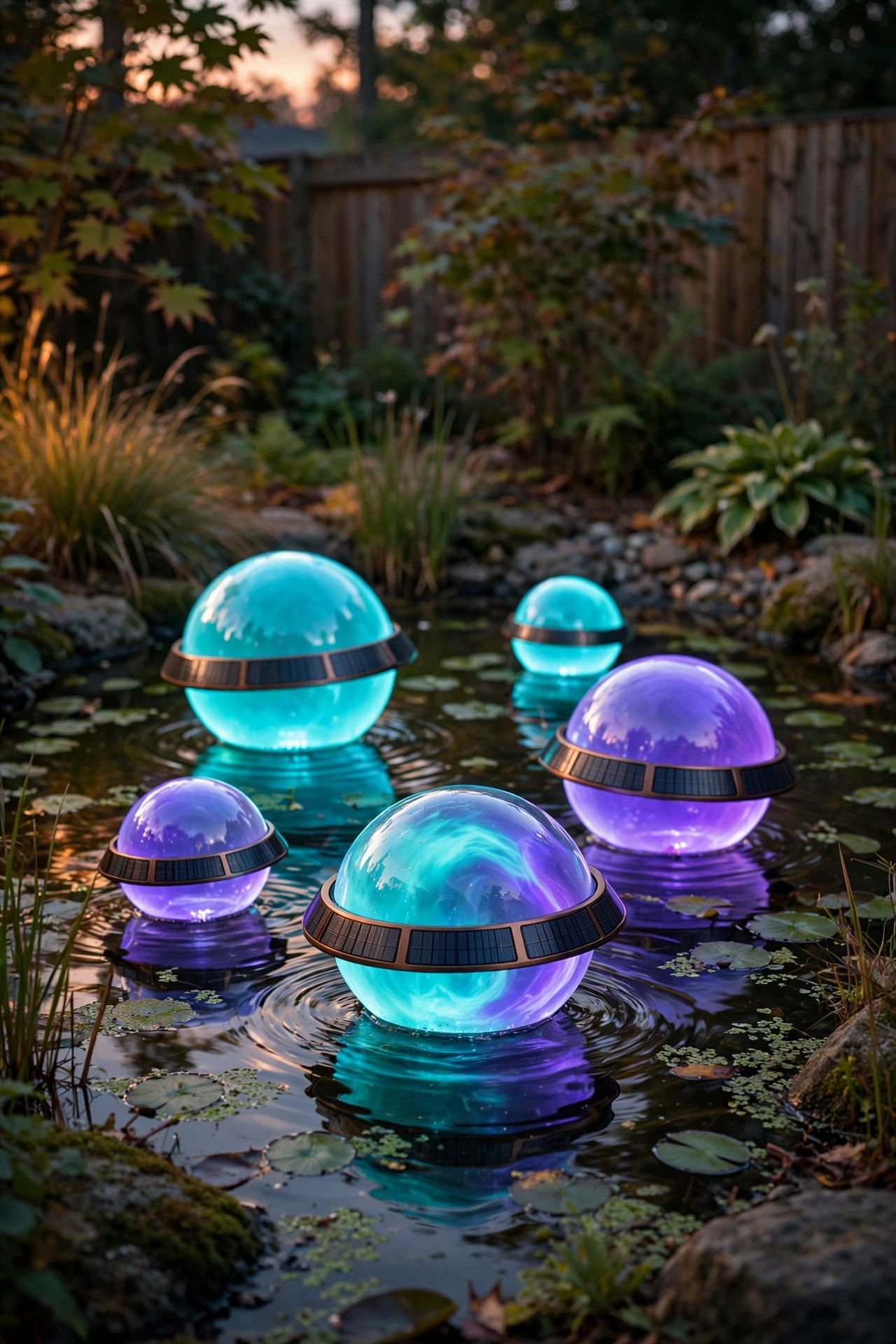 Color changing solar orbs floating on a backyard pond glowing turquoise and violet at dusk