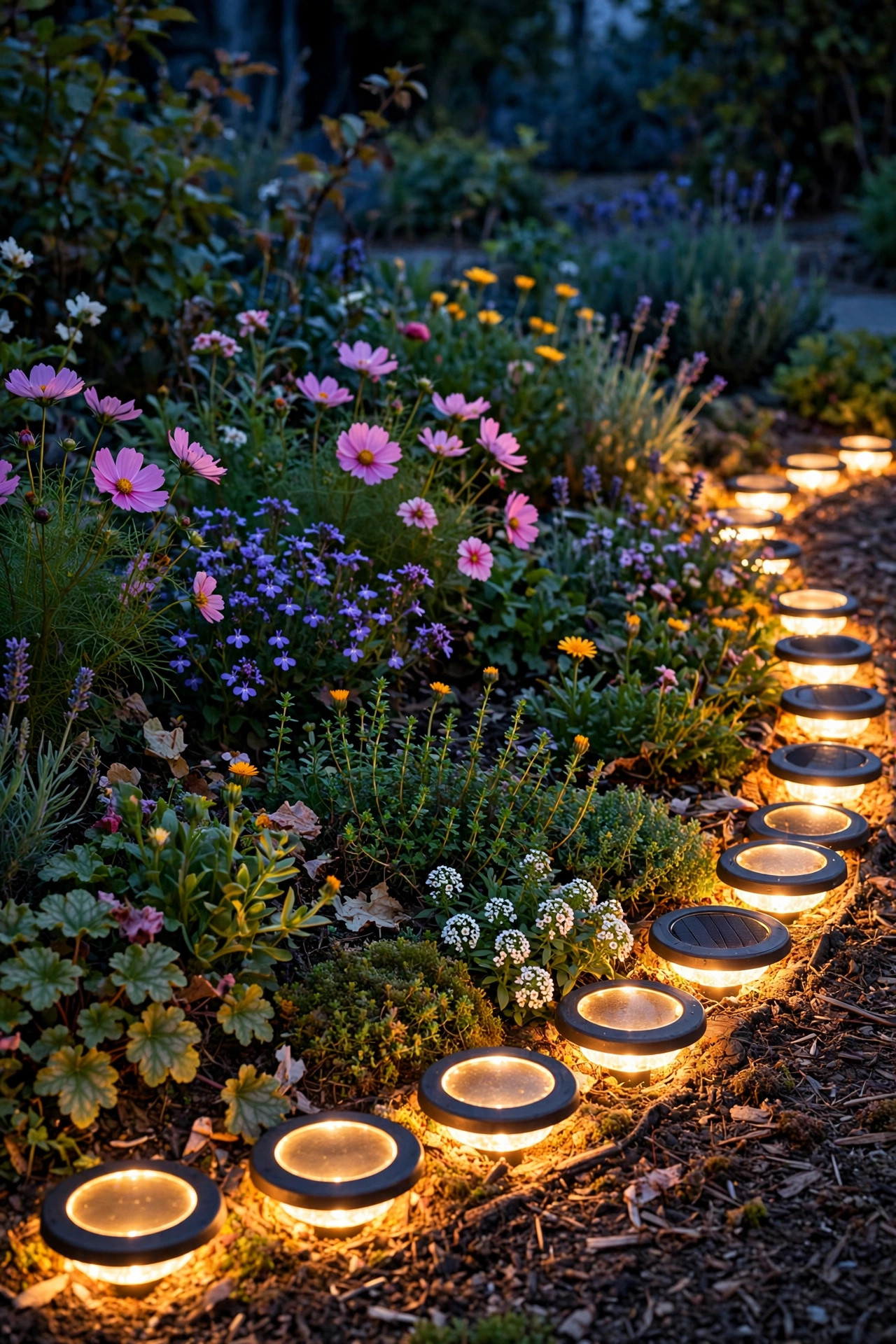 Solar disk lights edging a flower bed, warm light pooling onto low foliage and blooms at dusk