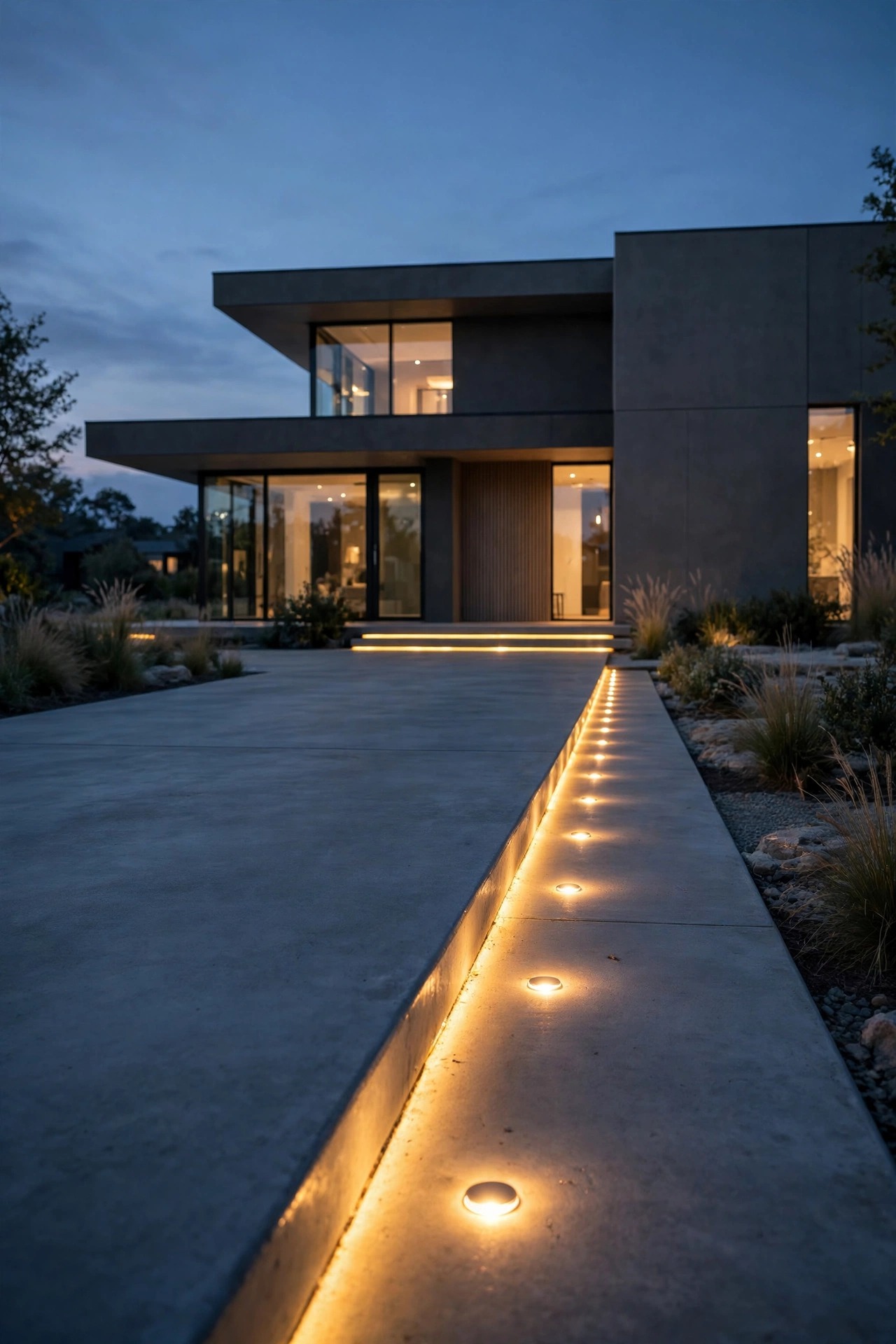 Flush in ground LED marker lights glowing along the edge of a modern driveway at dusk with a minimalist home behind