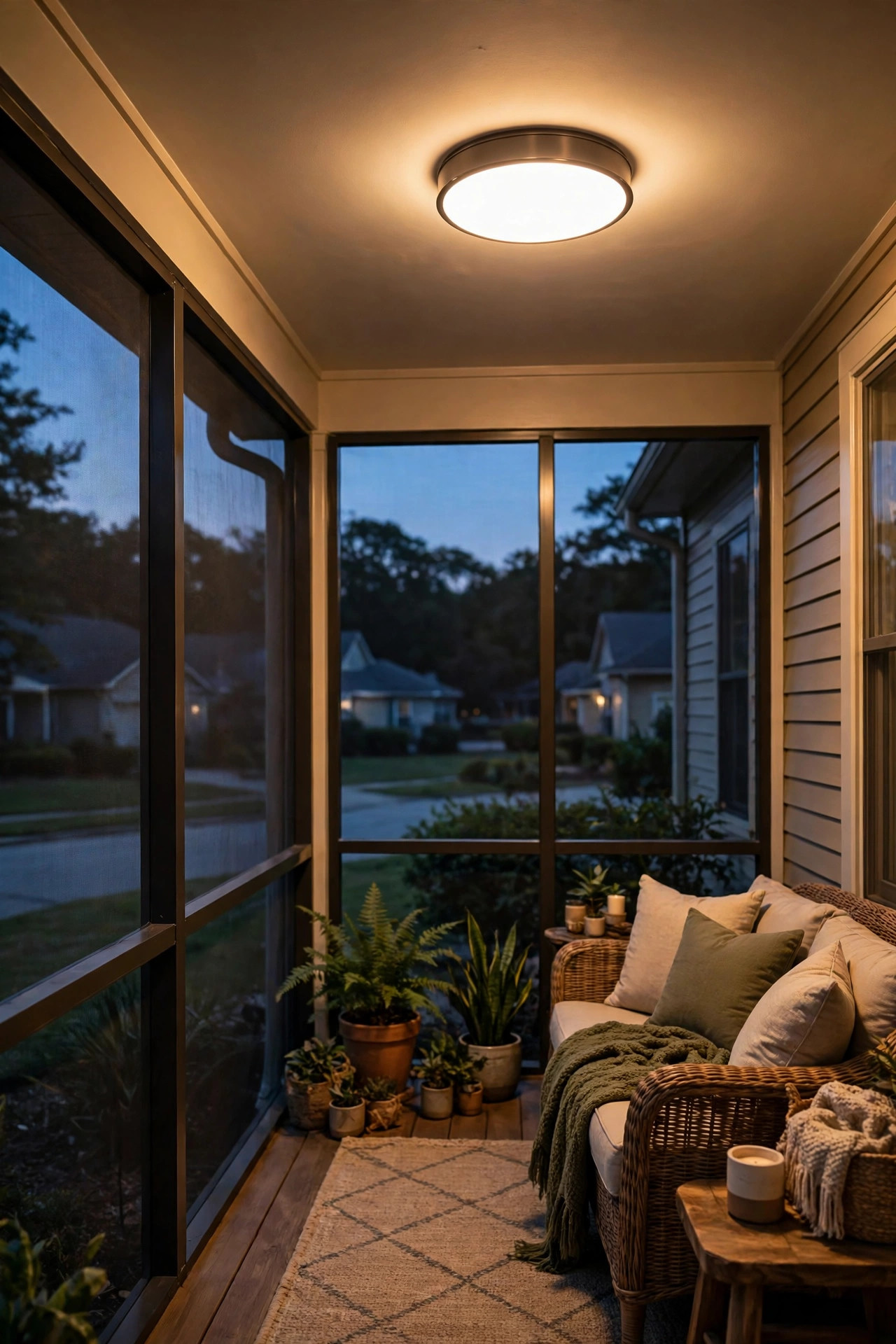 Low-profile flush-mount ceiling fixture casting even warm light across a screened porch