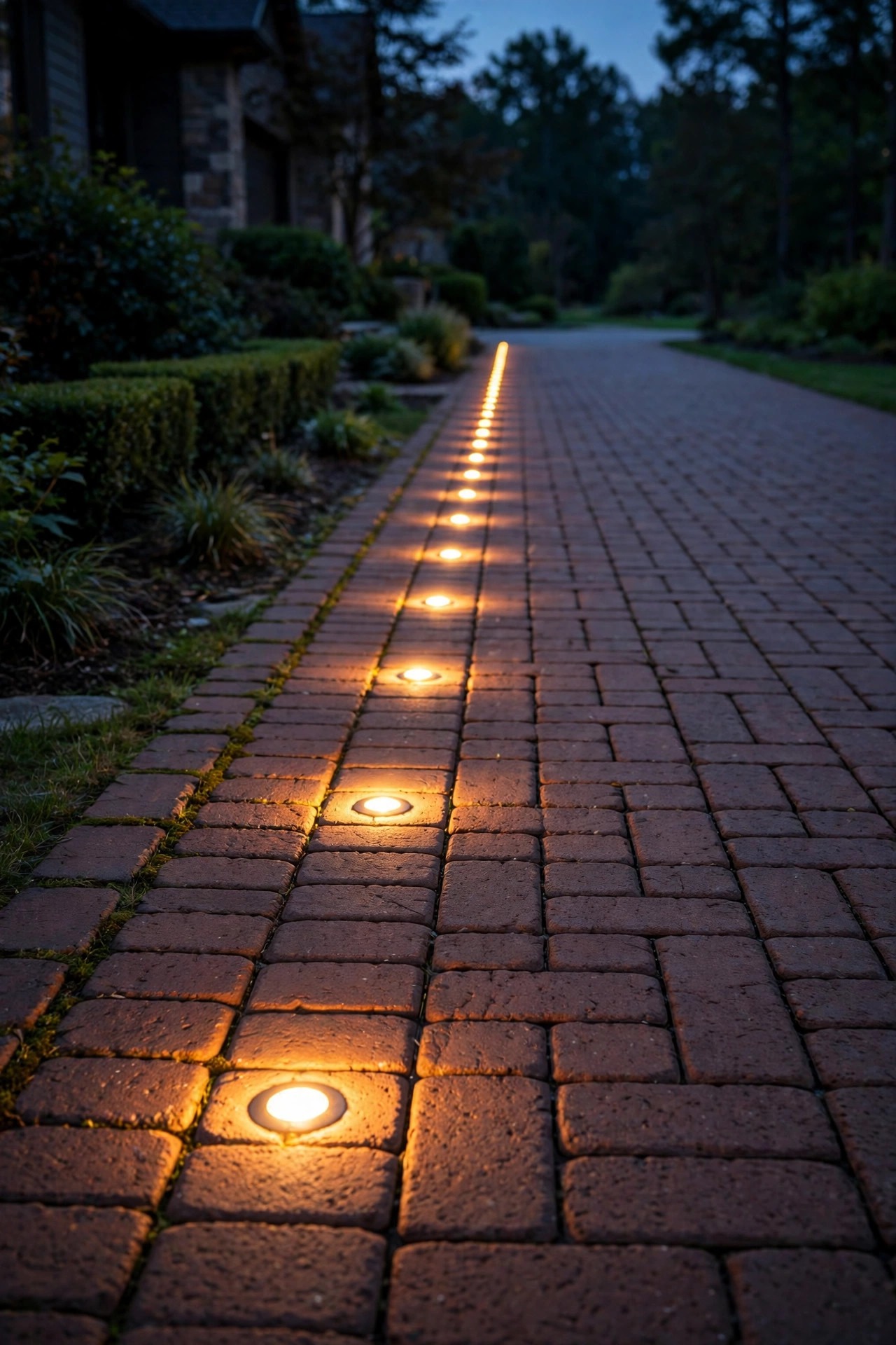 Flush in-ground paver lights glowing in a neat line along the edge of a brick paver driveway at dusk, level with the surface