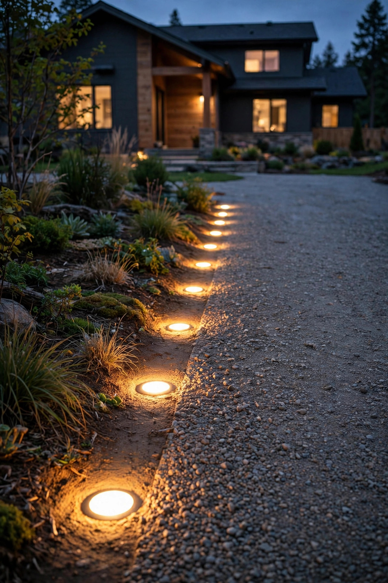 Flush in-ground well lights glowing at surface level along the edge of a gravel driveway in the evening