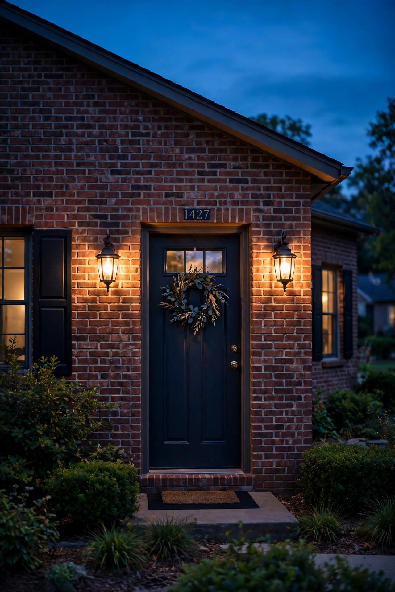 Pair of warm lantern sconces flanking the front door of a brick ranch home at twilight
