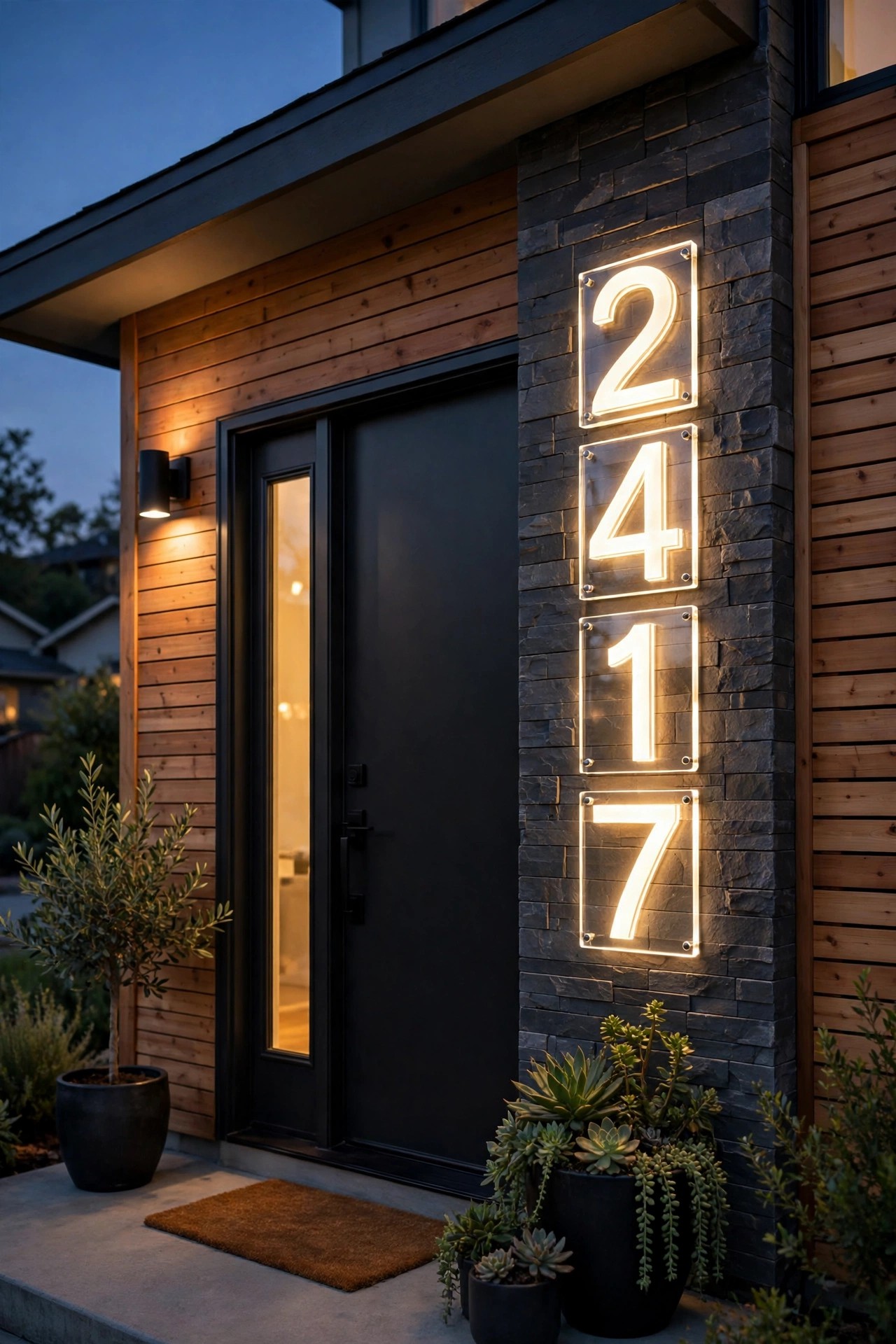 Front-lit acrylic house numbers with bright even LED faces mounted beside a front door