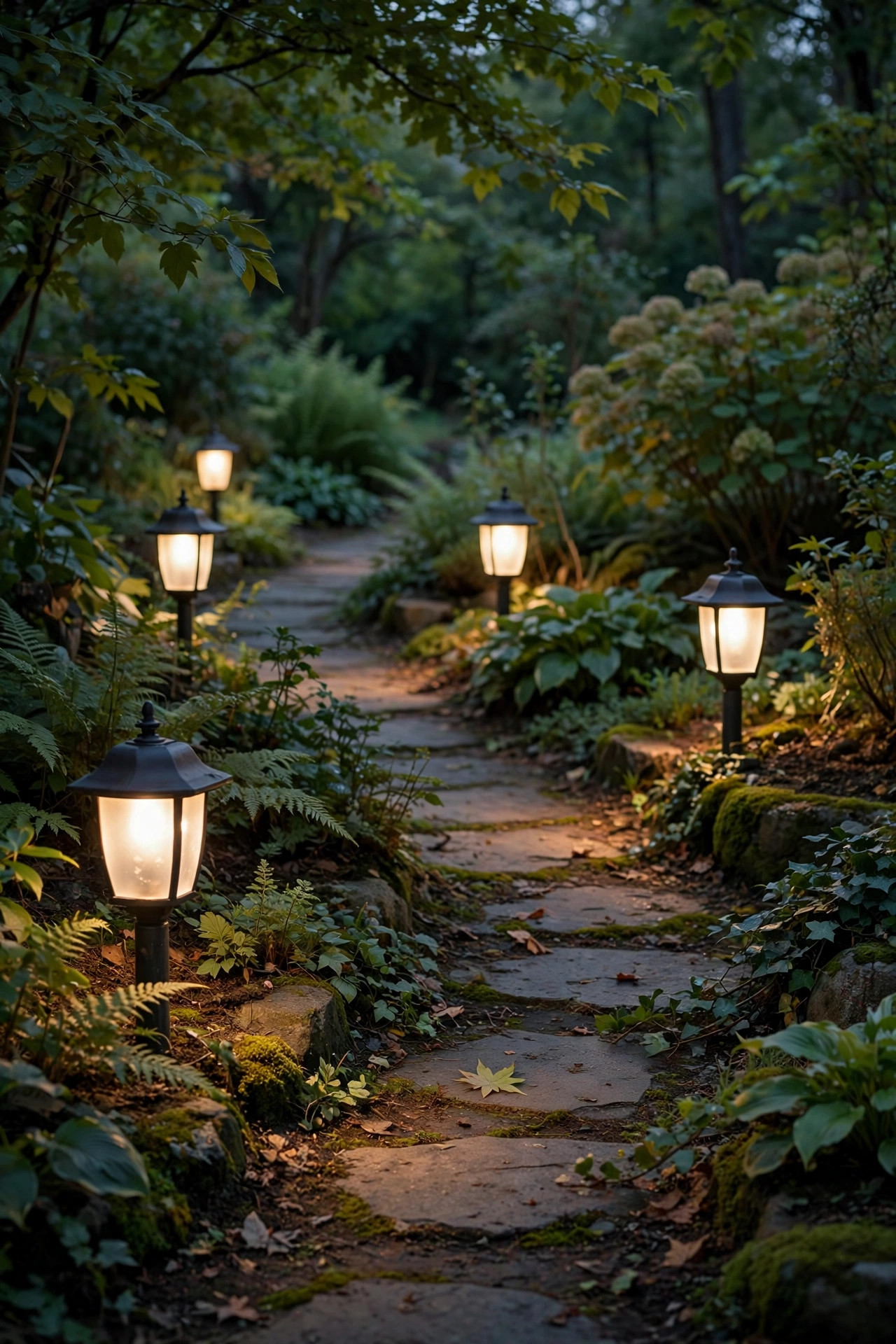 Frosted glass cottage lantern style path lights casting a soft diffused glow along a shaded garden path