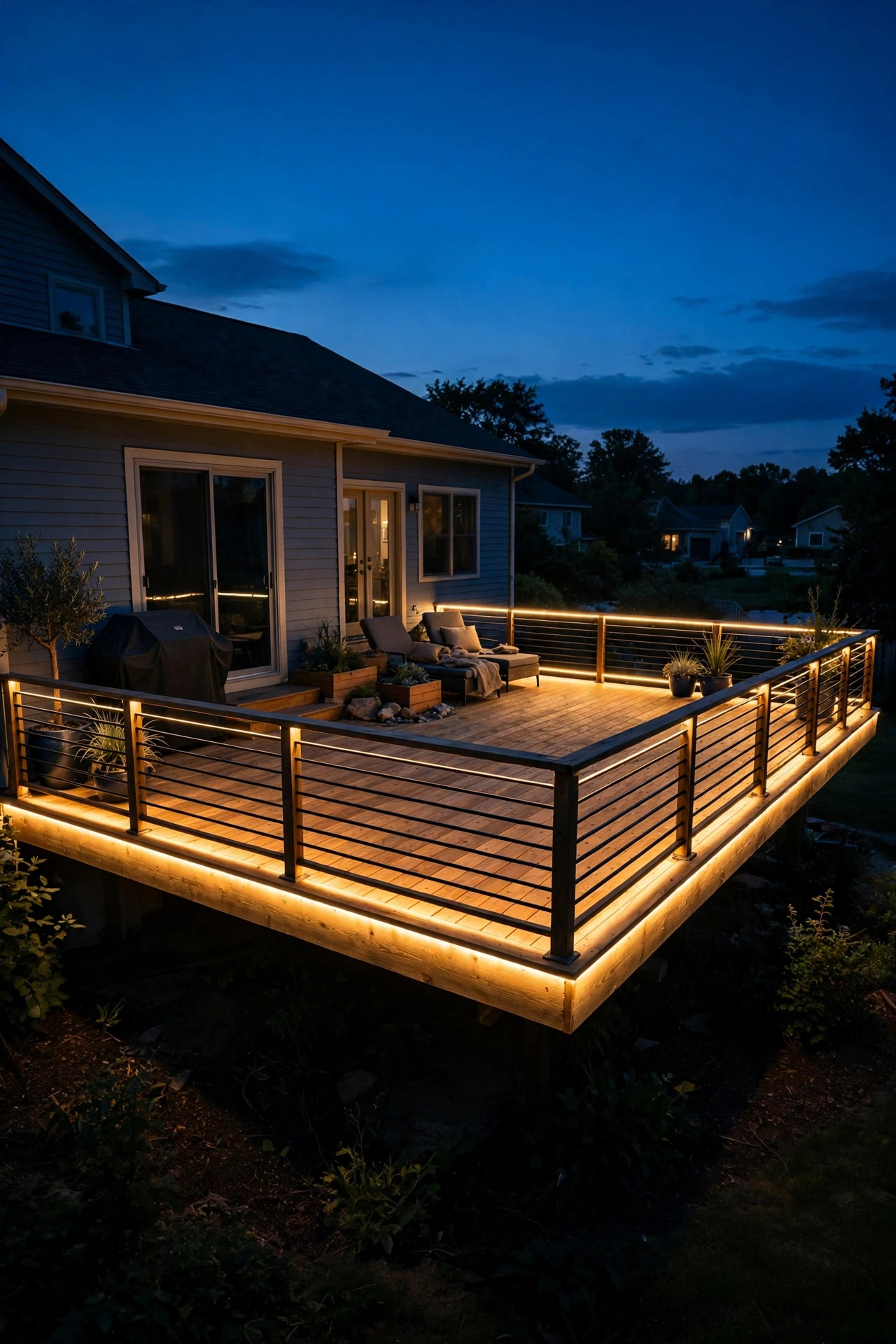 Entire deck perimeter glowing with under rail LED strips creating floating deck illusion at night