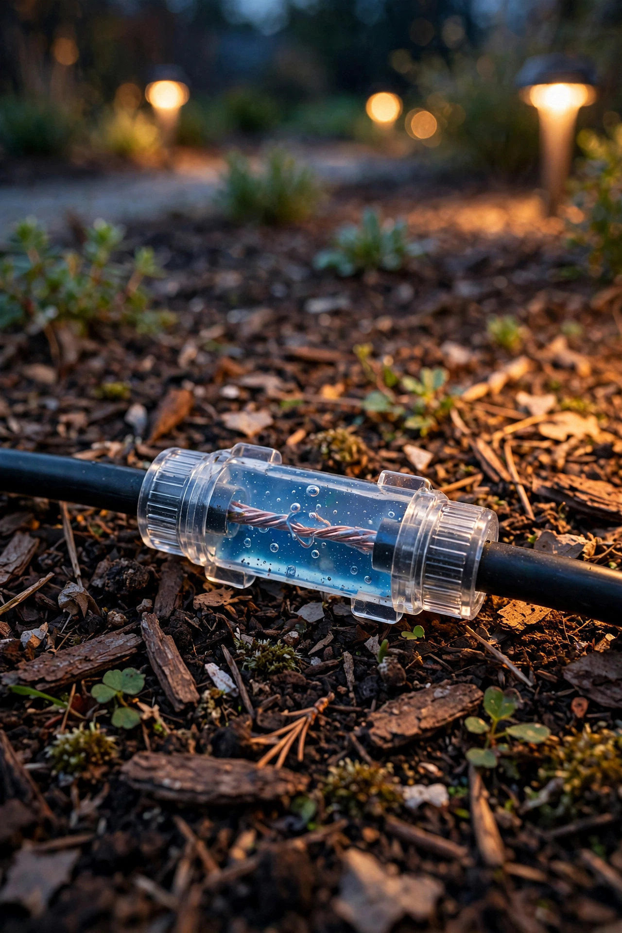 Close-up of a waterproof gel-filled connector joining landscape lighting cable in a mulched garden bed