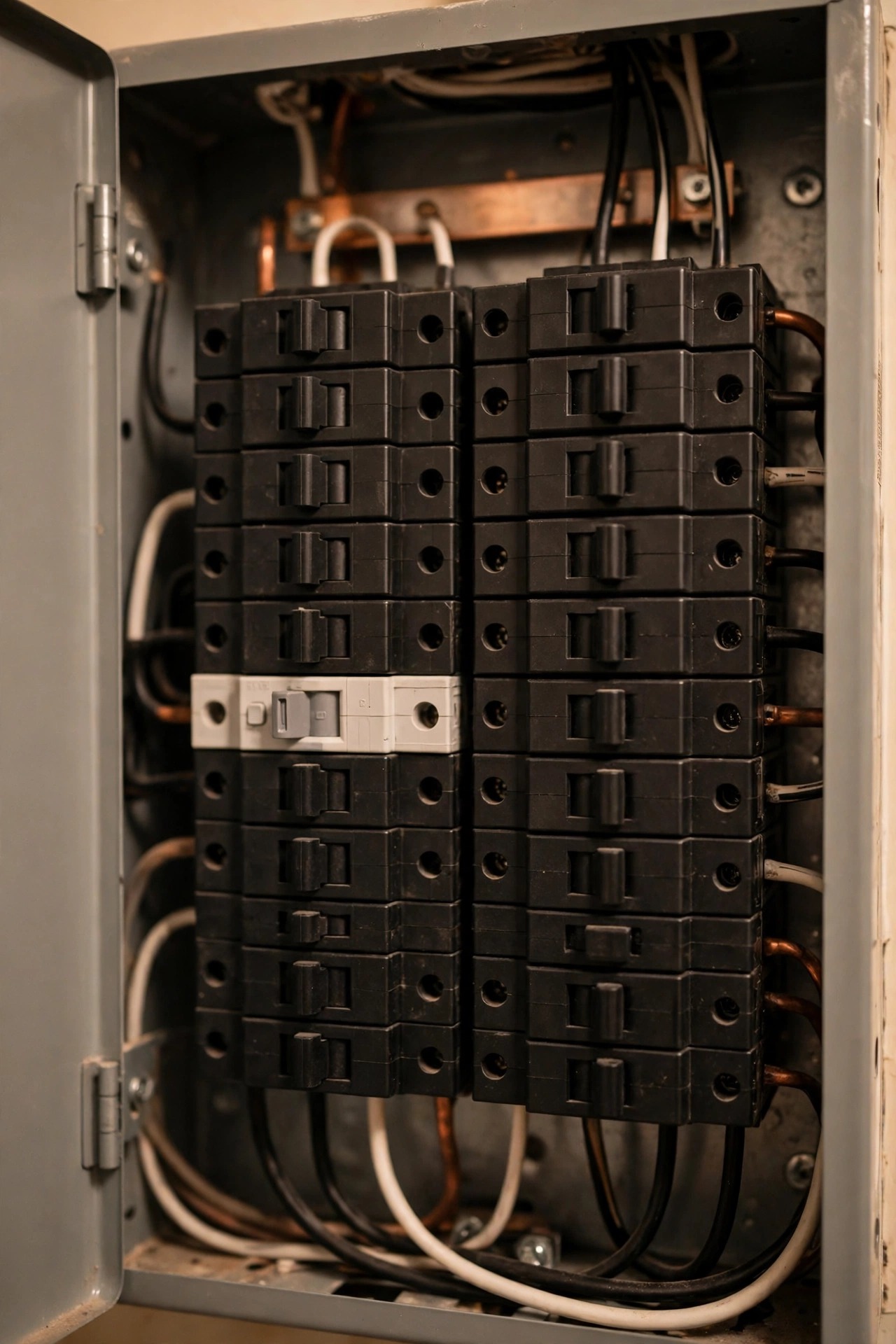 Home electrical panel with one GFCI breaker among rows of standard circuit breakers